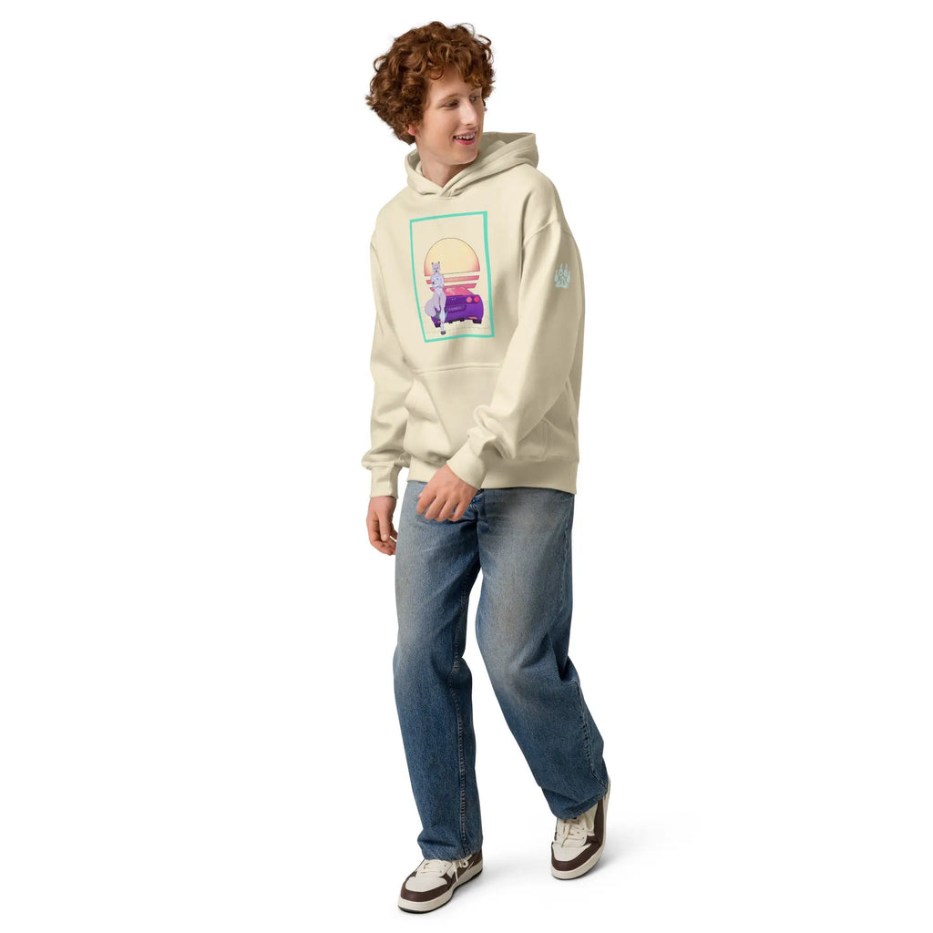 Cream hoodie with graphic design, featuring a playful illustration and cozy material, perfect for casual wear.