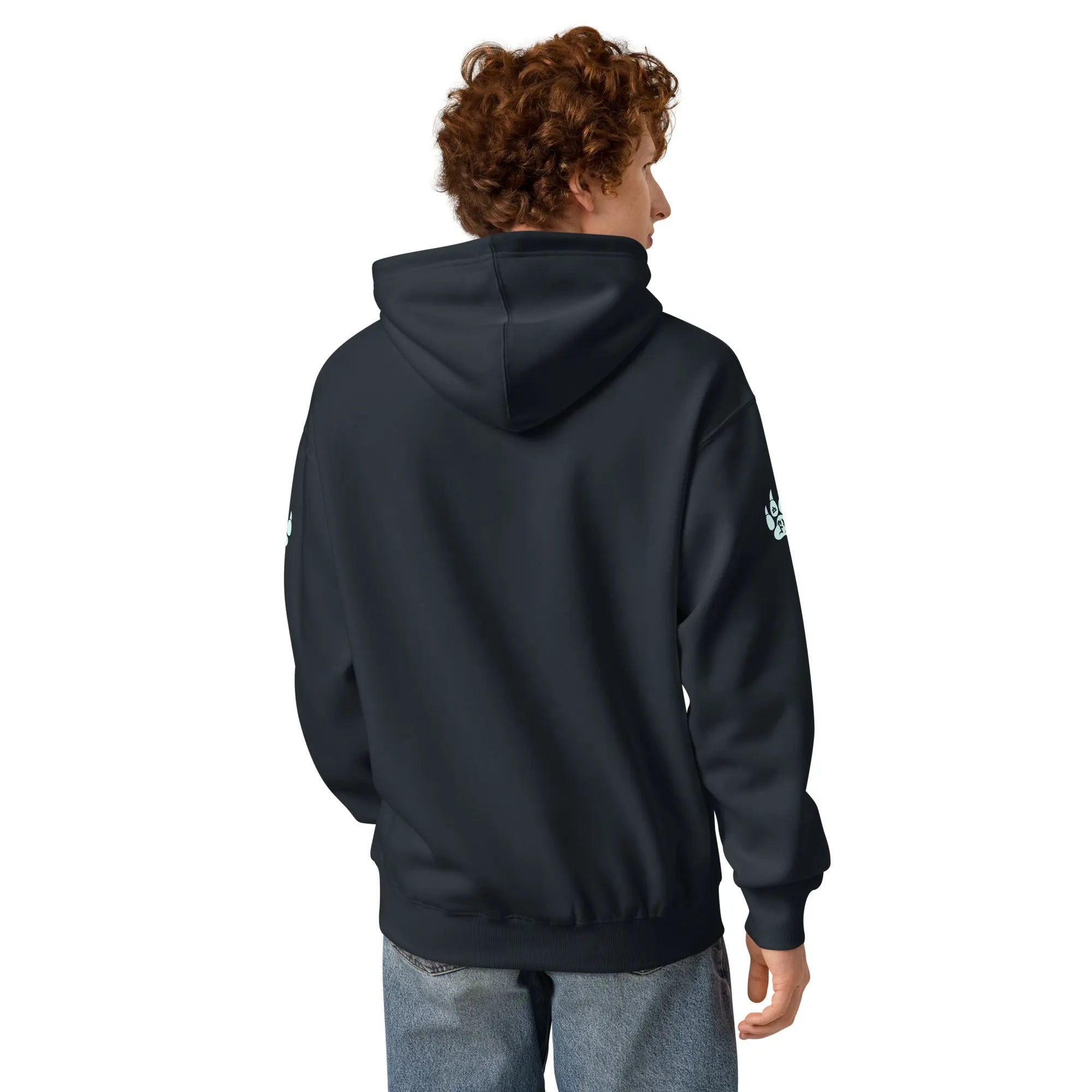Men's black hoodie with a cozy design and unique sleeve graphic, perfect for casual wear.
