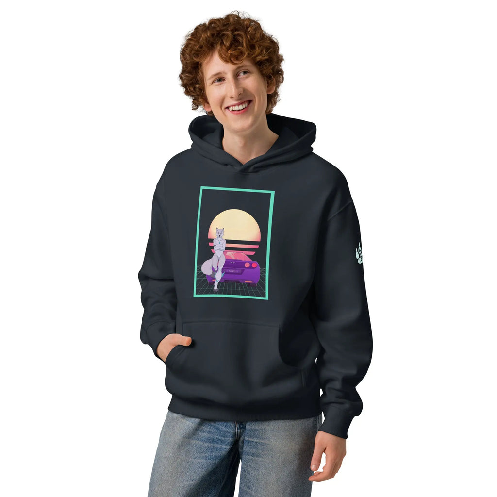 Men's black hoodie with colorful cat graphic and retro car design, perfect for casual wear.
