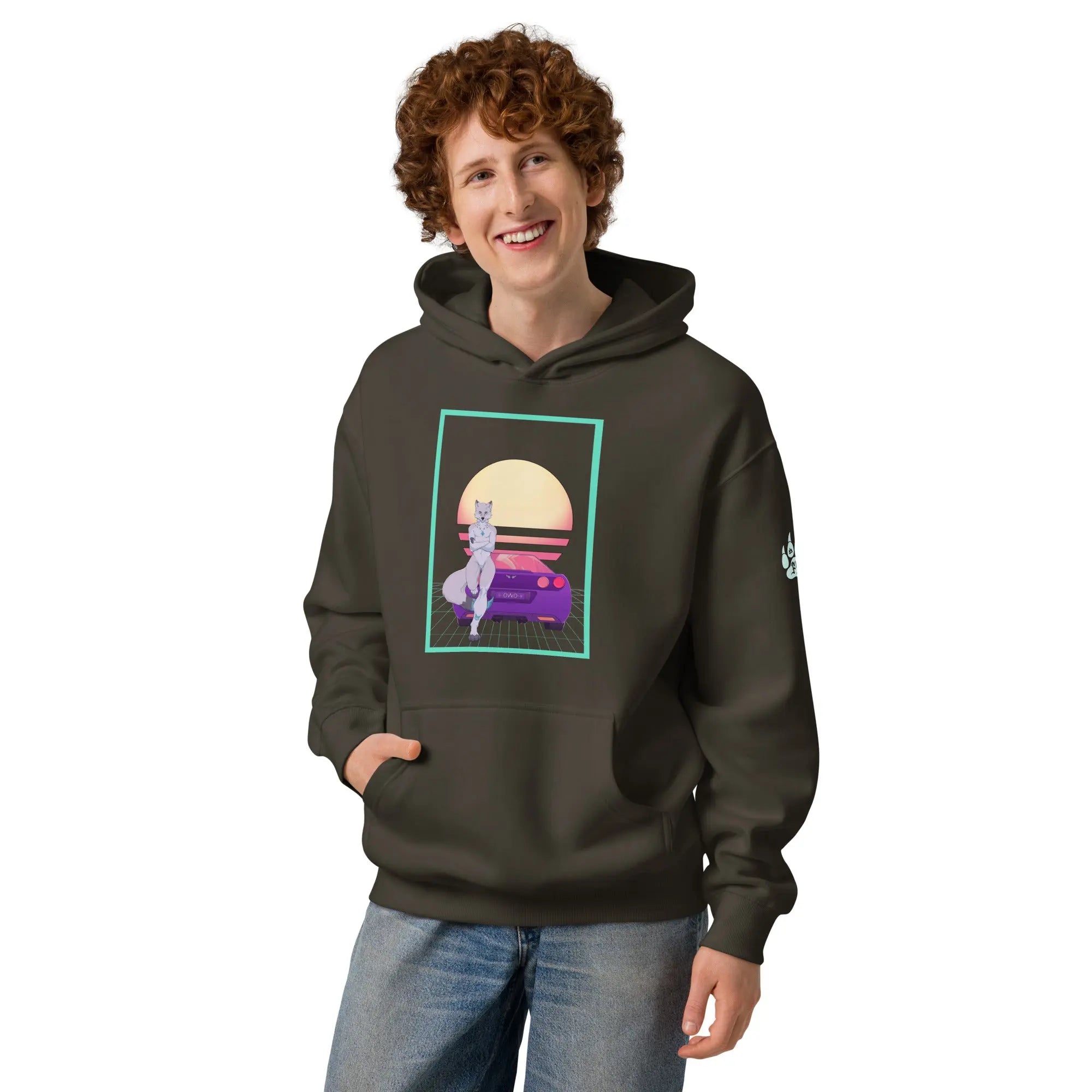 Men's dark brown hoodie featuring a retro cat graphic with a purple car and sunset design.
