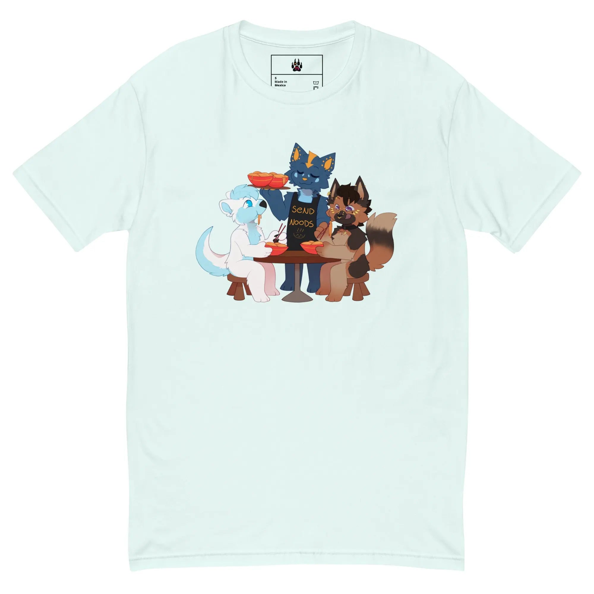 Light blue t-shirt featuring cartoon animals sharing noodles, playful design for animal lovers.