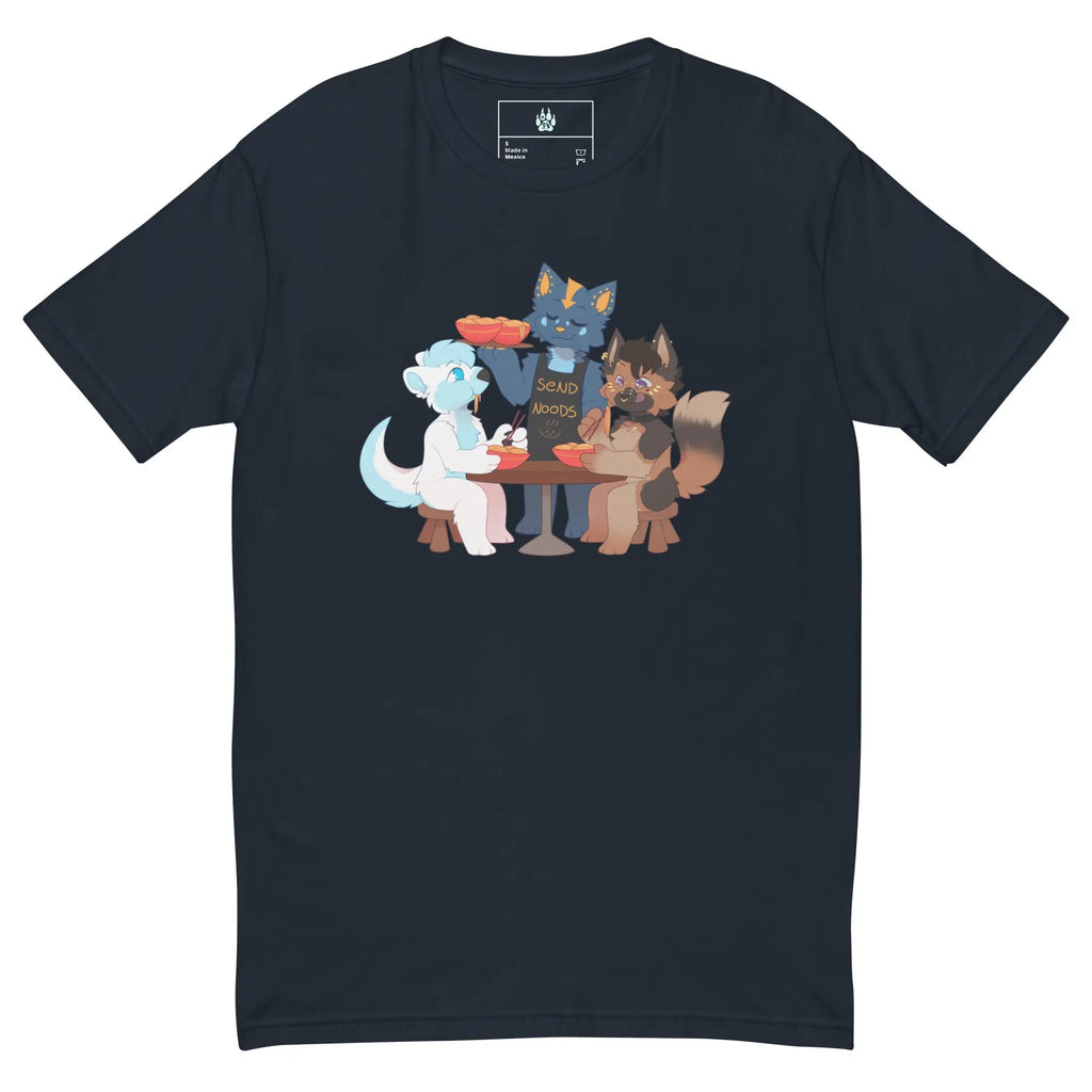 Navy blue t-shirt featuring cartoon animals sharing noodles, playful and fun design.