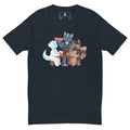 Navy blue t-shirt featuring cartoon animals sharing noodles, playful and fun design.
