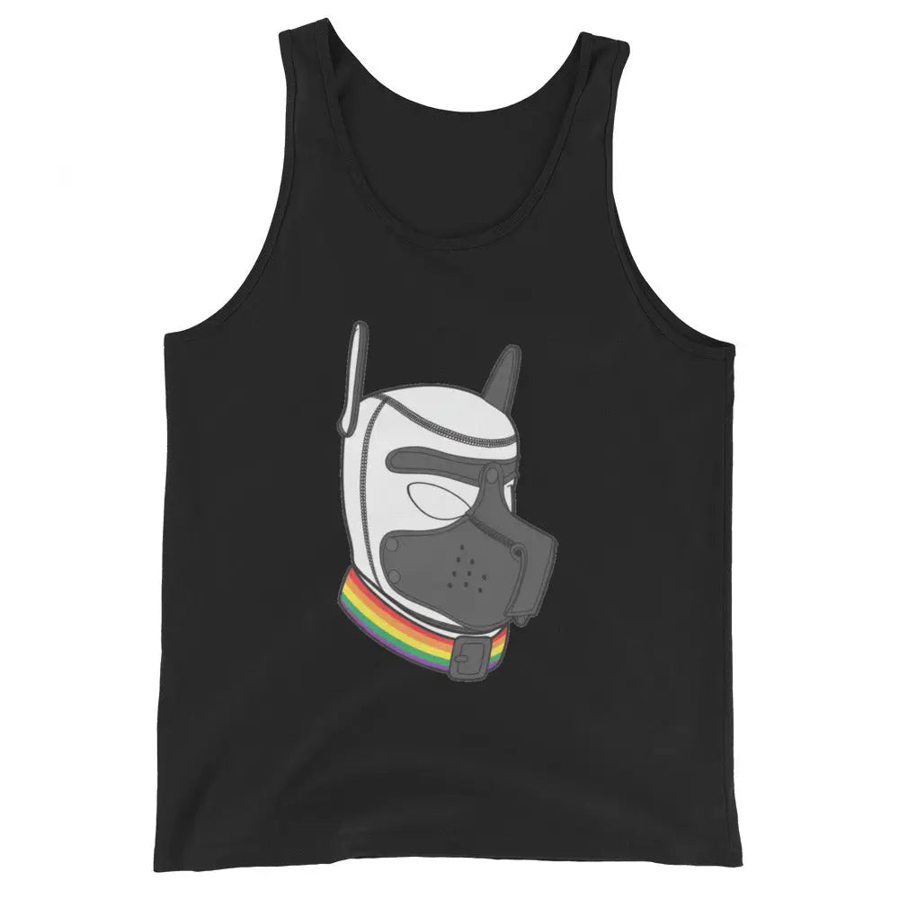 Black tank top featuring a colorful dog mask graphic, perfect for casual wear or themed events.