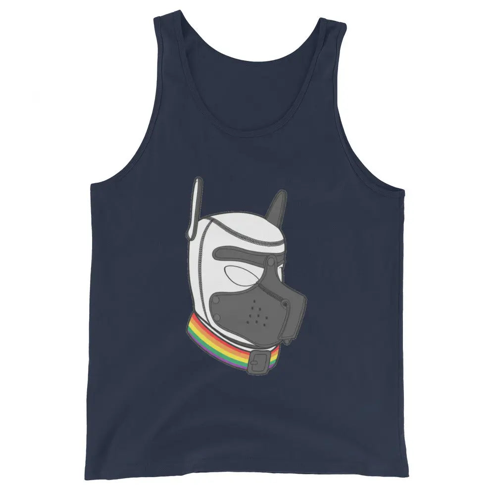 Navy tank top with colorful dog mask graphic, perfect for casual wear and bold fashion.