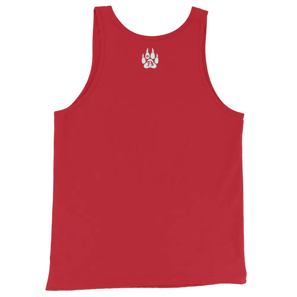 Red cotton tank top featuring a paw print logo on the back. Perfect for casual wear.