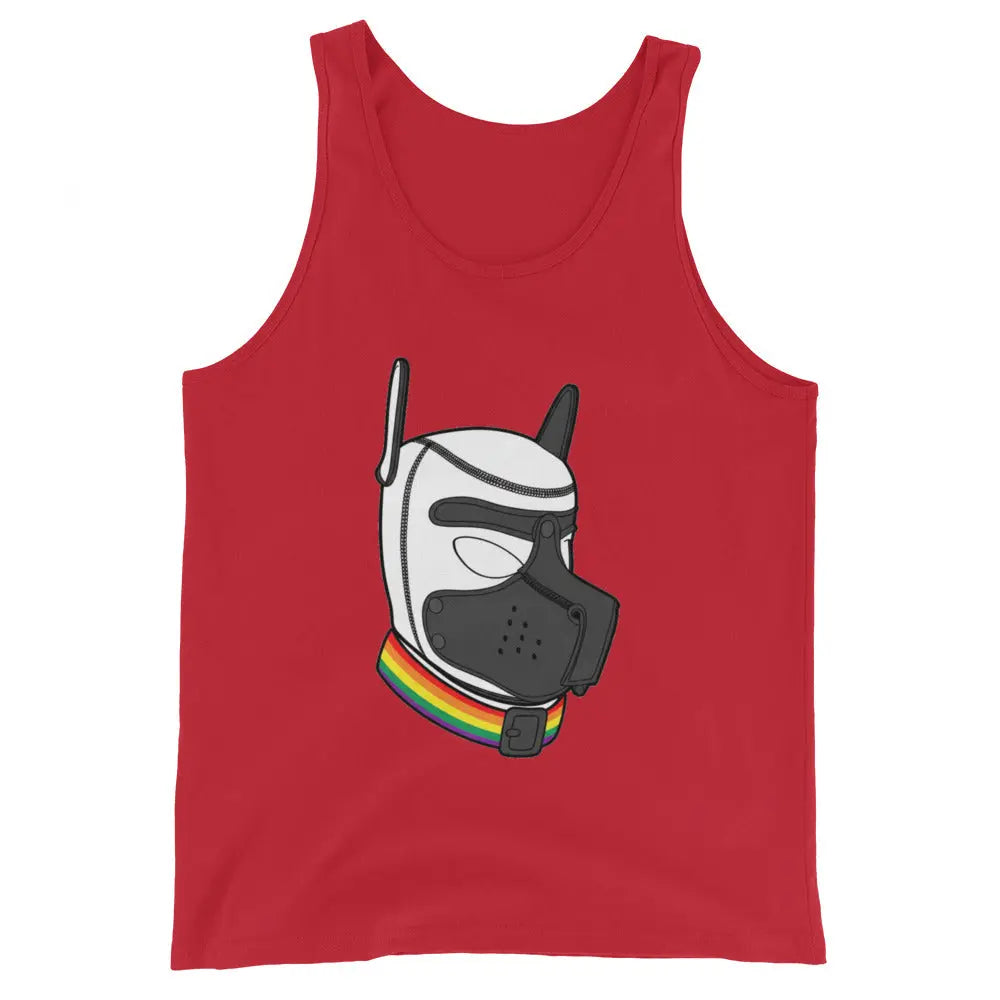 Red tank top featuring a graphic of a dog mask with a rainbow collar, perfect for casual wear.