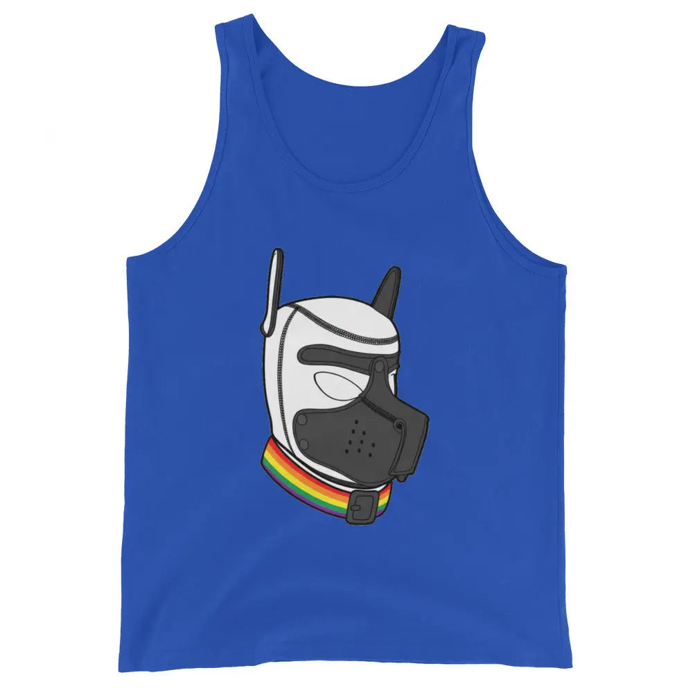 Blue tank top featuring a colorful graphic of a masked dog character with a rainbow collar.