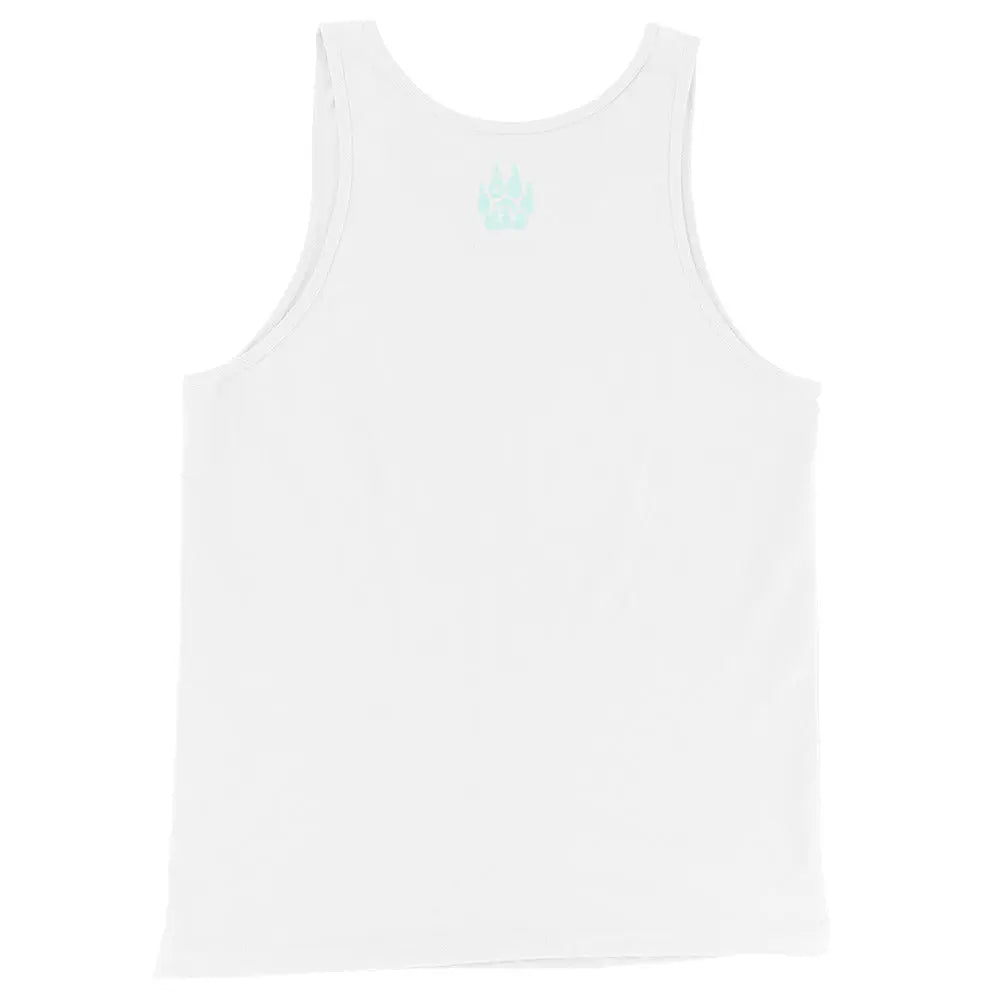 Men's white tank top made of cotton with a light blue paw print on the back for a stylish look.