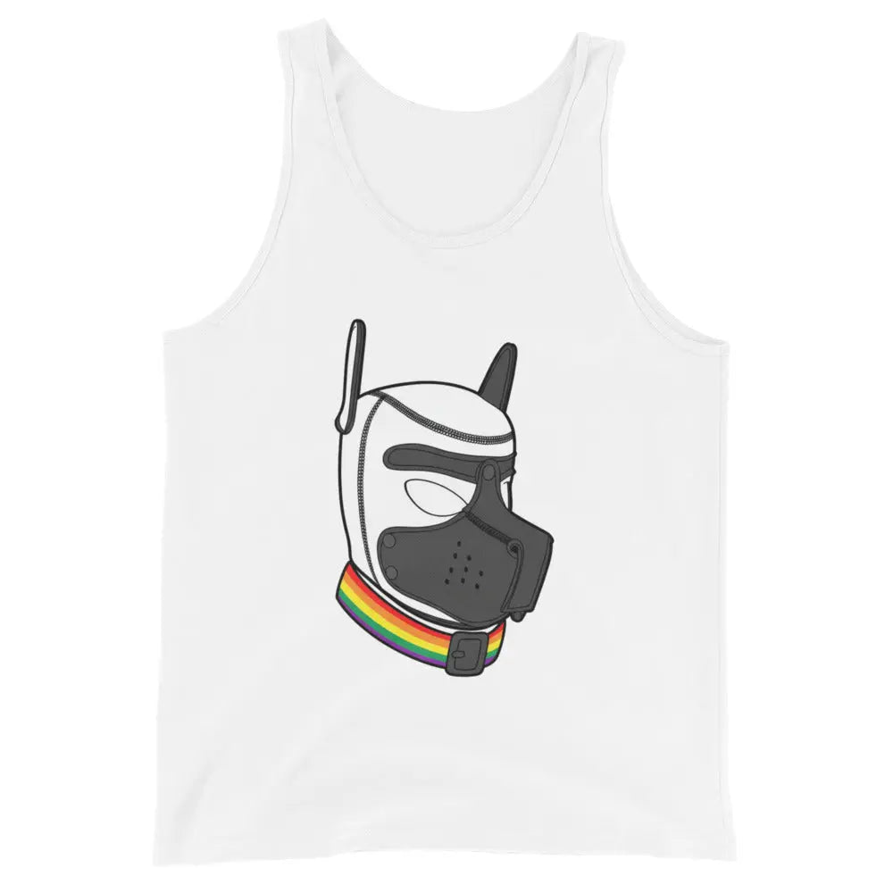 White tank top featuring a colorful dog mask graphic with a rainbow collar, perfect for pride events.