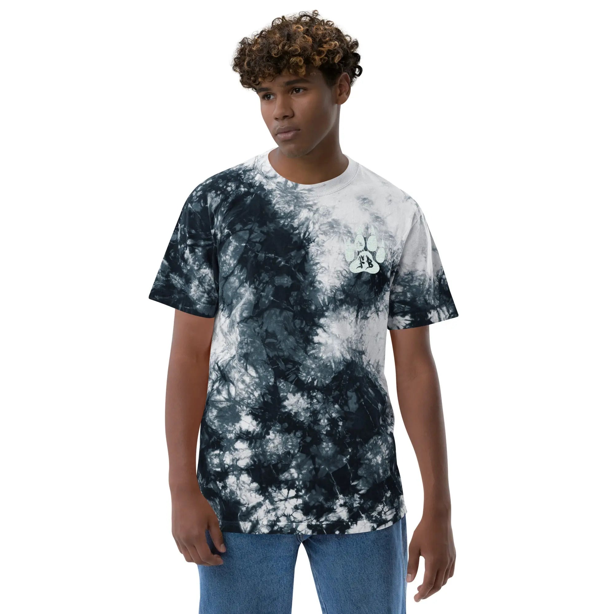 Men's black and white tie-dye t-shirt with paw print design, trendy cotton material, casual fit.