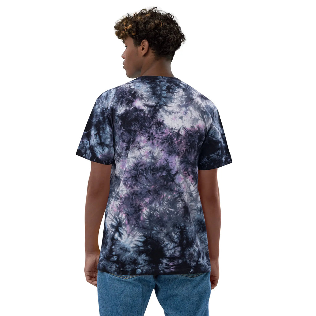 Unisex tie-dye t-shirt in black, purple, and blue, featuring a stylish pattern and comfortable fit.