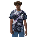 Men's tie-dye t-shirt in black and purple with a paw print design, made from soft cotton fabric.