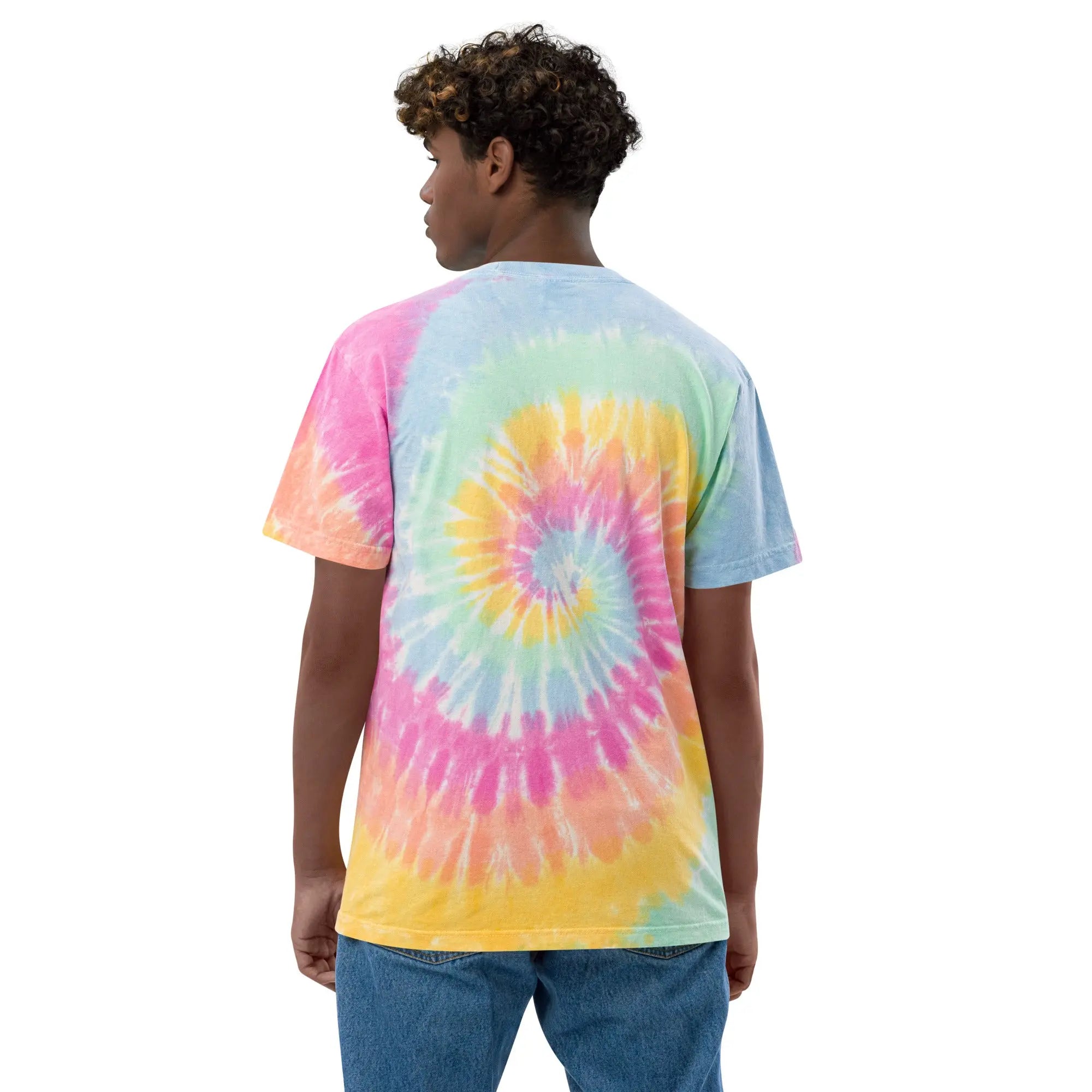 Colorful tie-dye t-shirt in pastel hues, featuring a spiral design, made from soft cotton material.