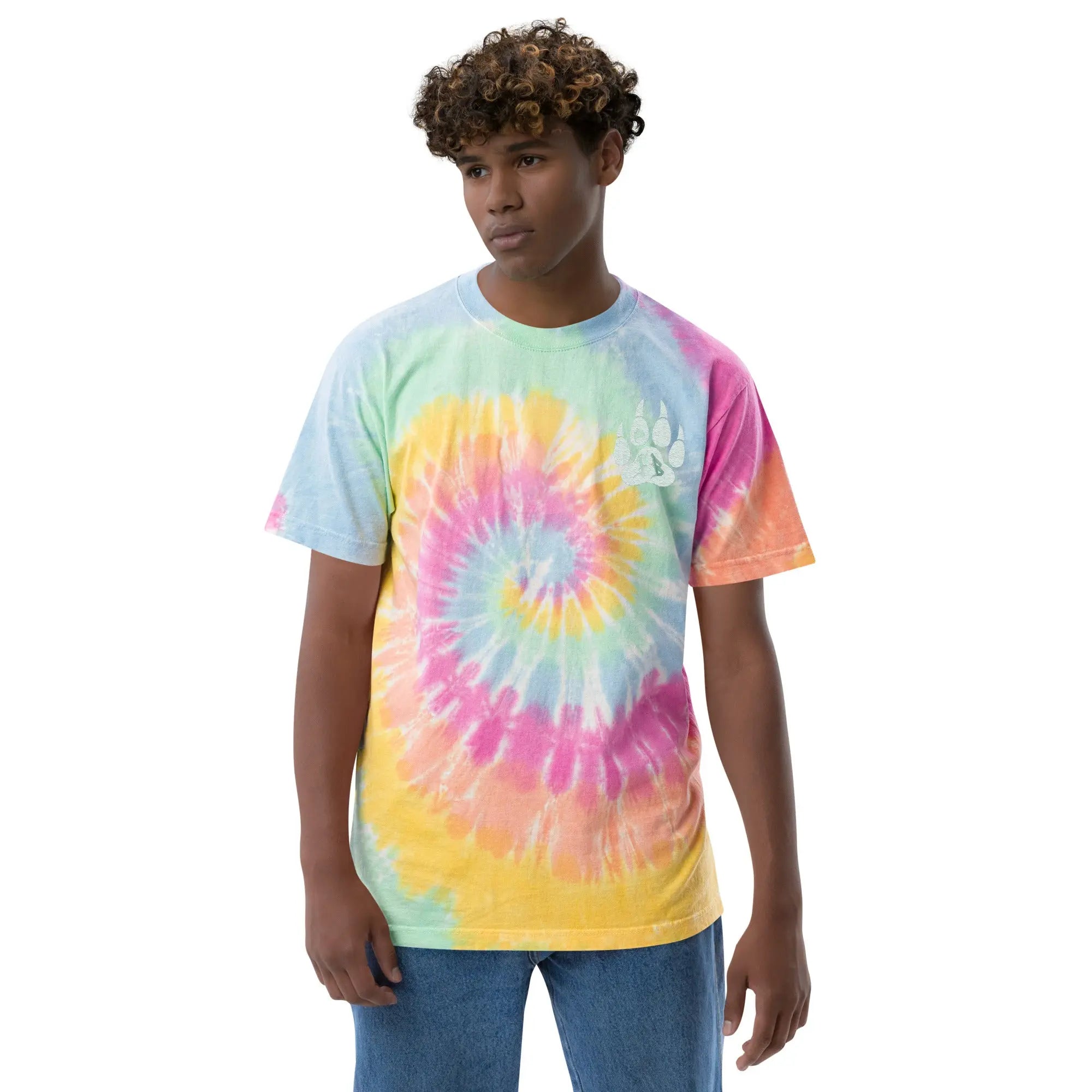 Colorful tie-dye t-shirt in pastel shades with a spiral pattern and logo, made from soft cotton material.