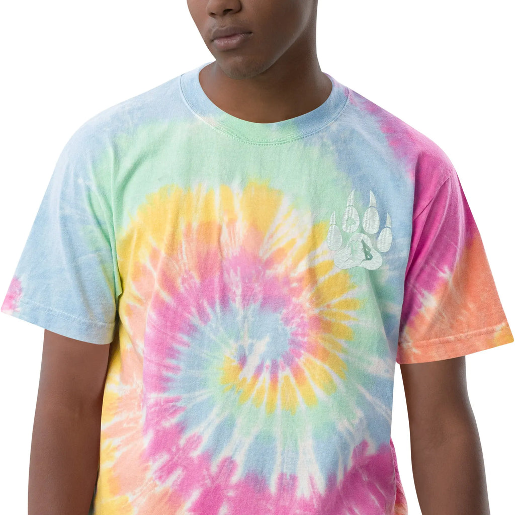 Men's tie-dye t-shirt in pastel colors, featuring a unique swirl design and a stylish paw print on the chest.