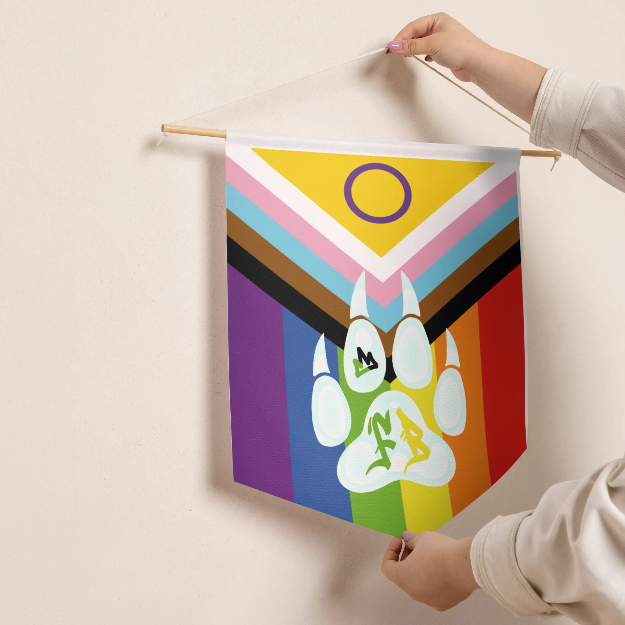 Colorful wall banner featuring a paw print design with rainbow stripes, perfect for pet lovers' decor.