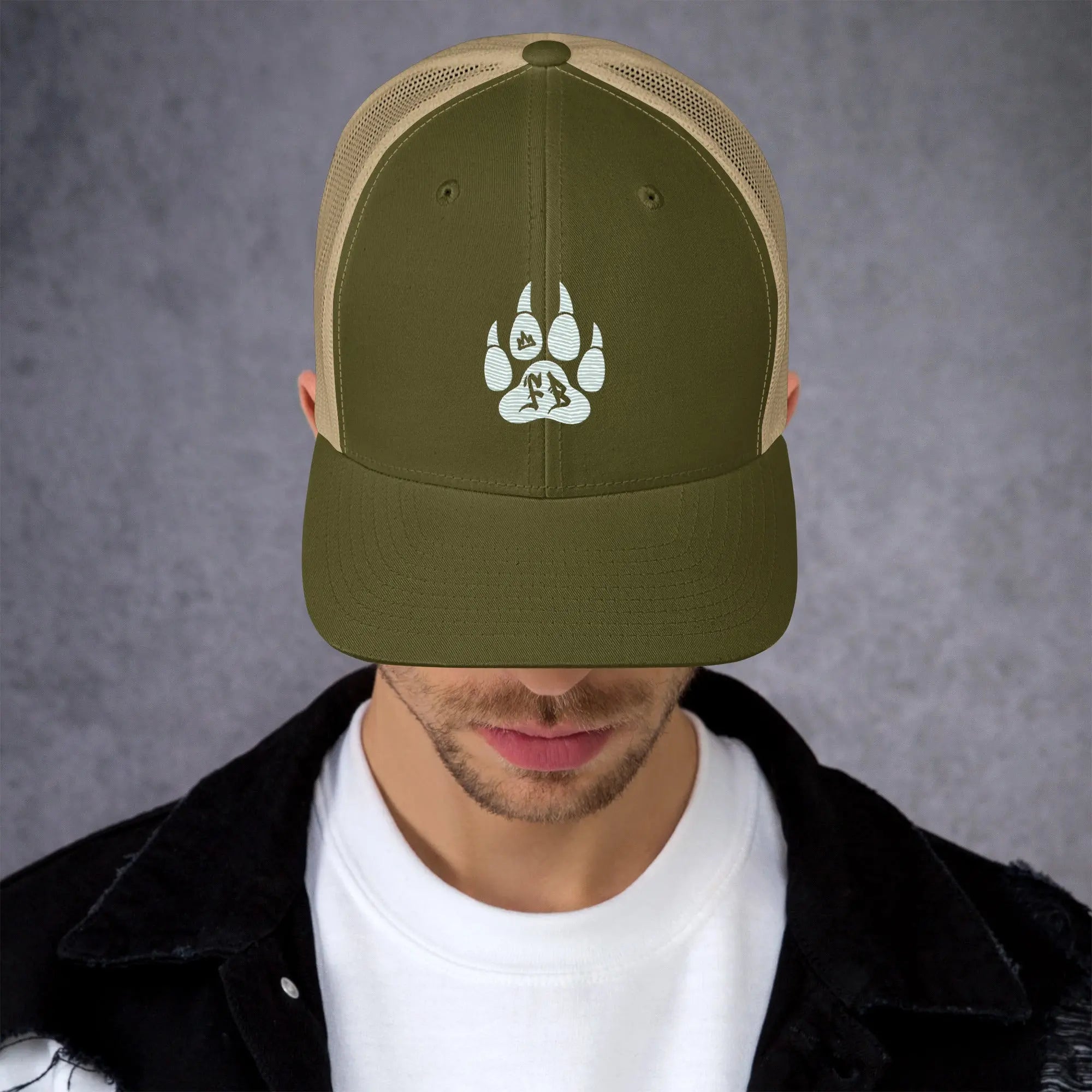 Olive green trucker cap with a white paw print logo, perfect for outdoor enthusiasts.