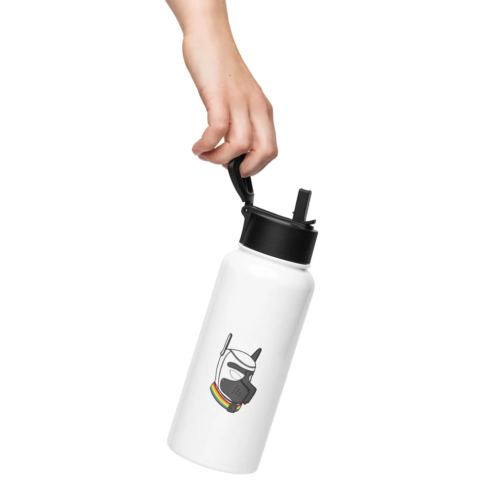 White stainless steel water bottle with black lid and colorful dog graphic, ideal for hydration on the go.