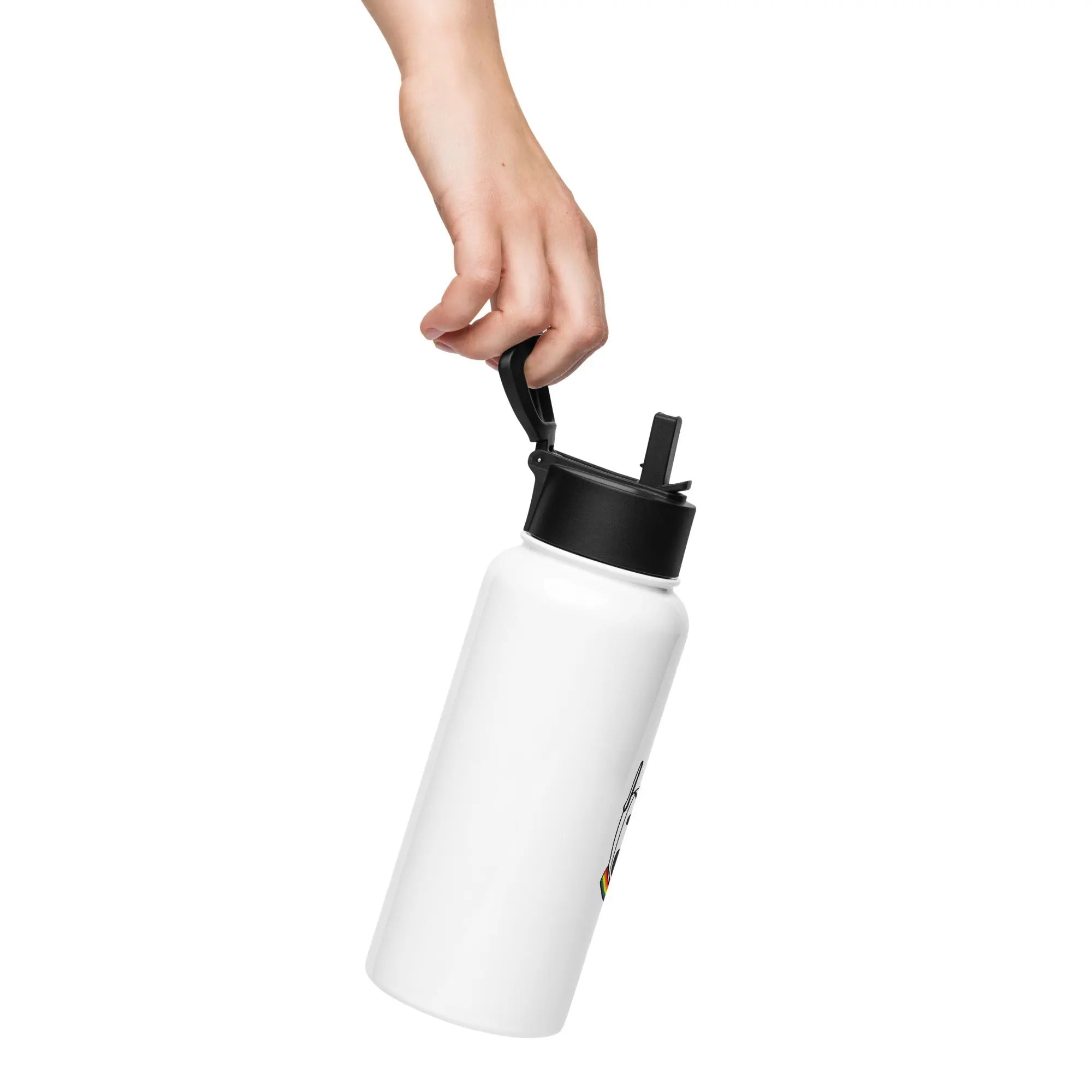 White stainless steel water bottle with black lid, featuring a convenient screw cap and handle.