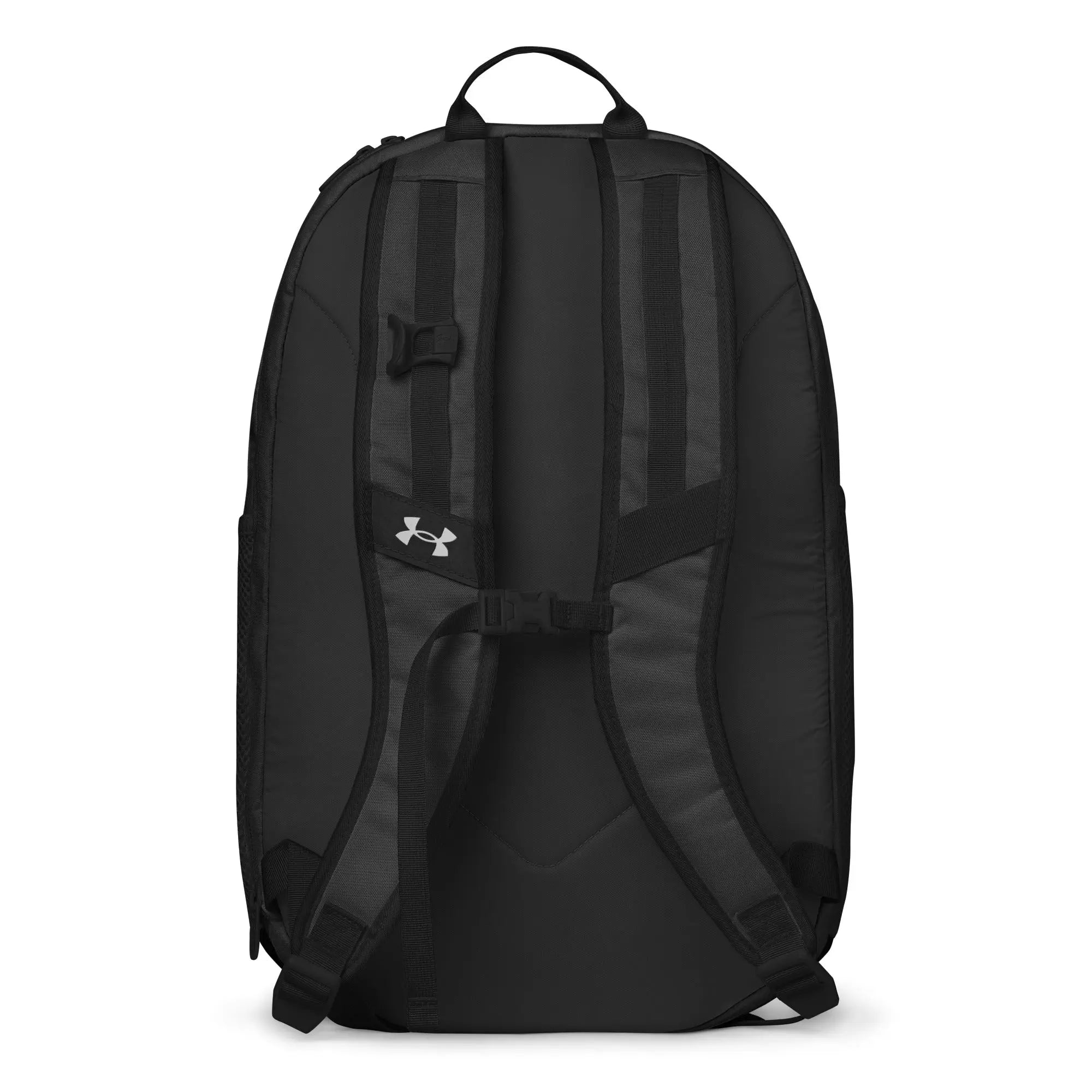 Black Under Armour backpack with padded straps and sleek design, perfect for sports or daily use.