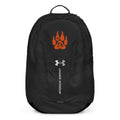 Black Under Armour backpack with orange paw print and logo, durable, water-resistant design.