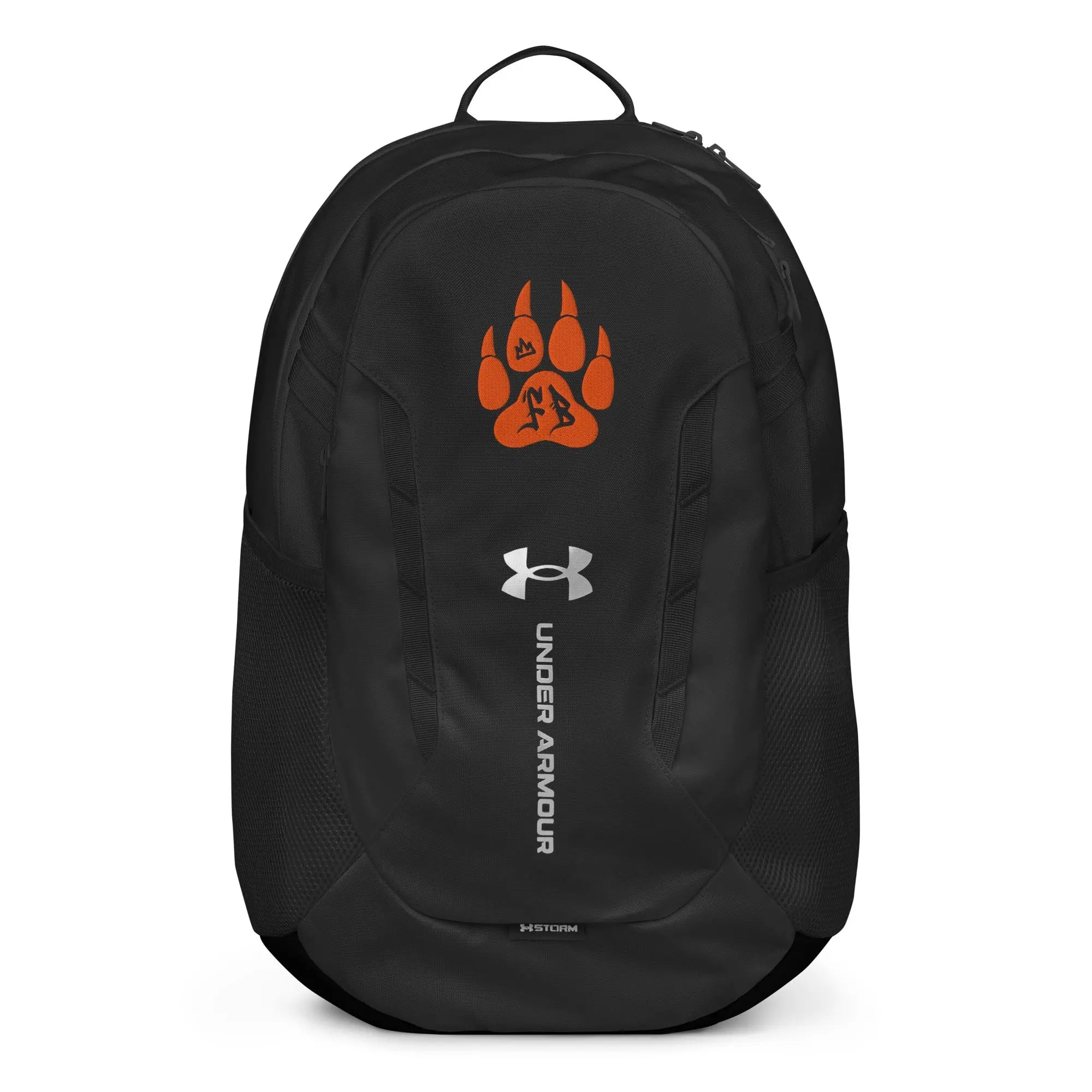 Black Under Armour backpack with orange paw print and logo, durable, water-resistant design.