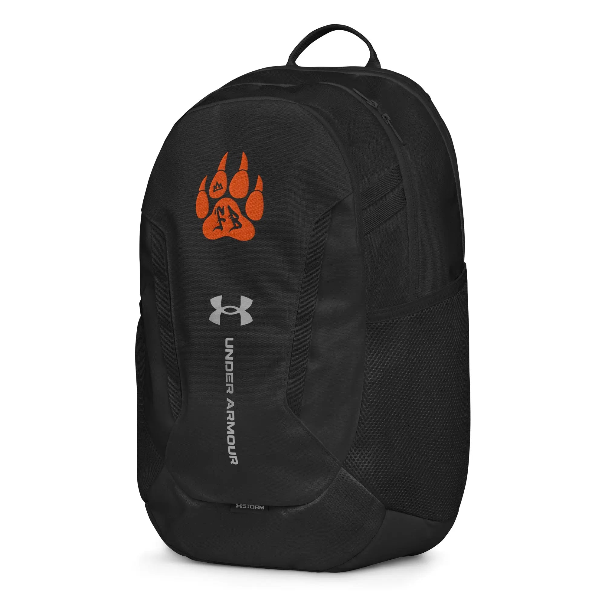 Black Under Armour backpack with orange paw print and water-resistant material for sports and daily use.