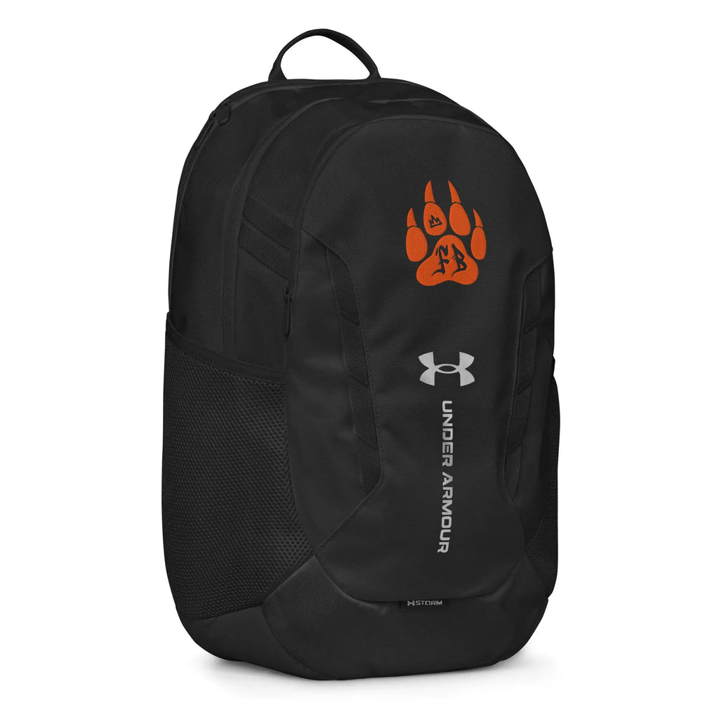 Black Under Armour backpack with orange bear paw print, durable and water-resistant design.