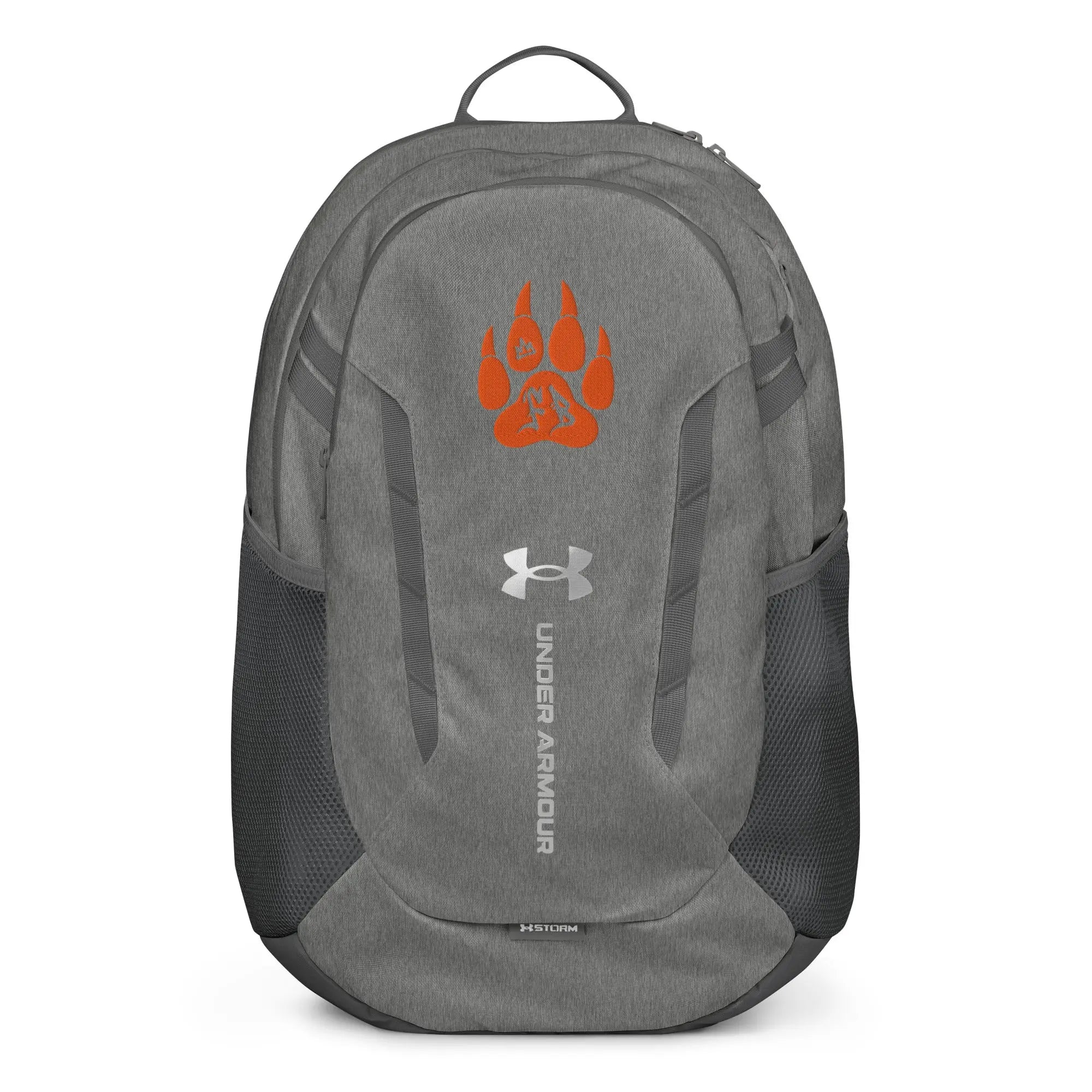 Under Armour gray backpack with orange paw print, durable material and spacious compartments for storage.