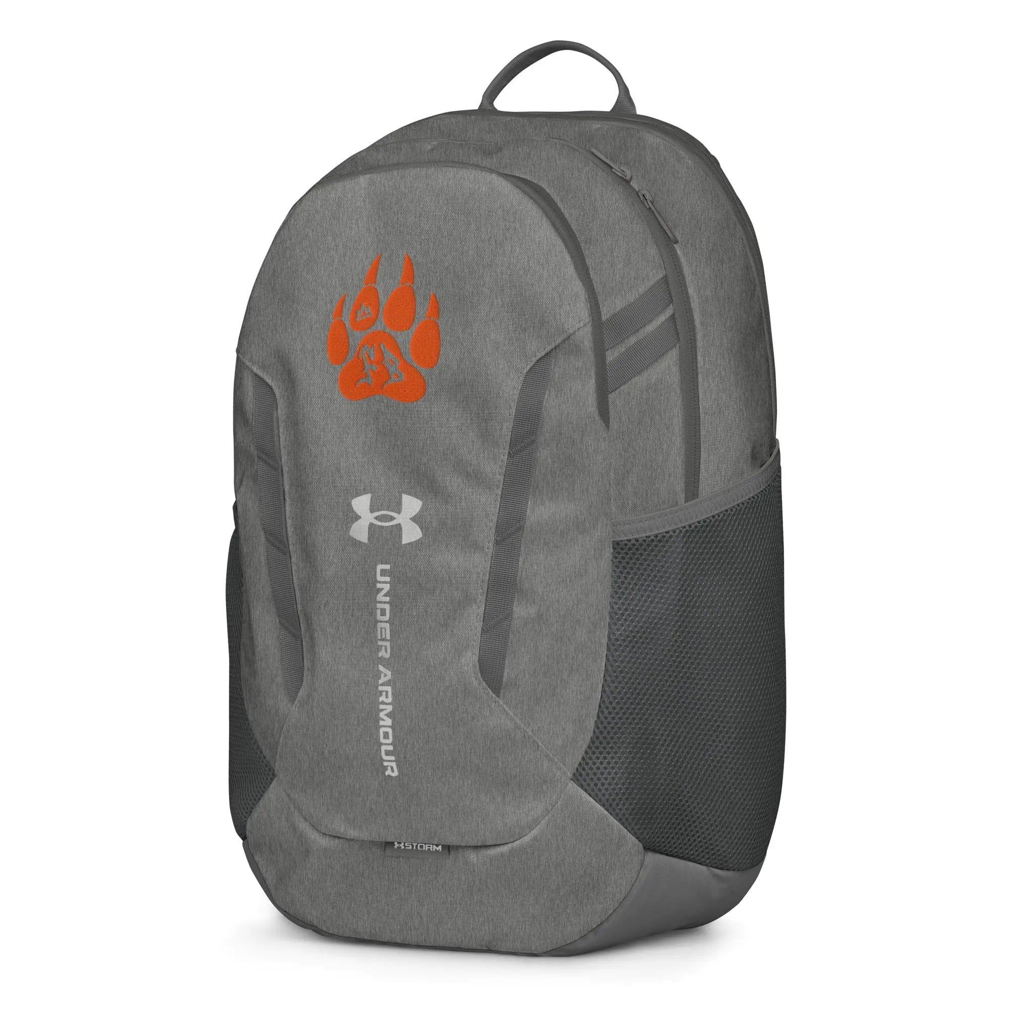 Gray Under Armour backpack with orange paw print design and mesh side pockets.