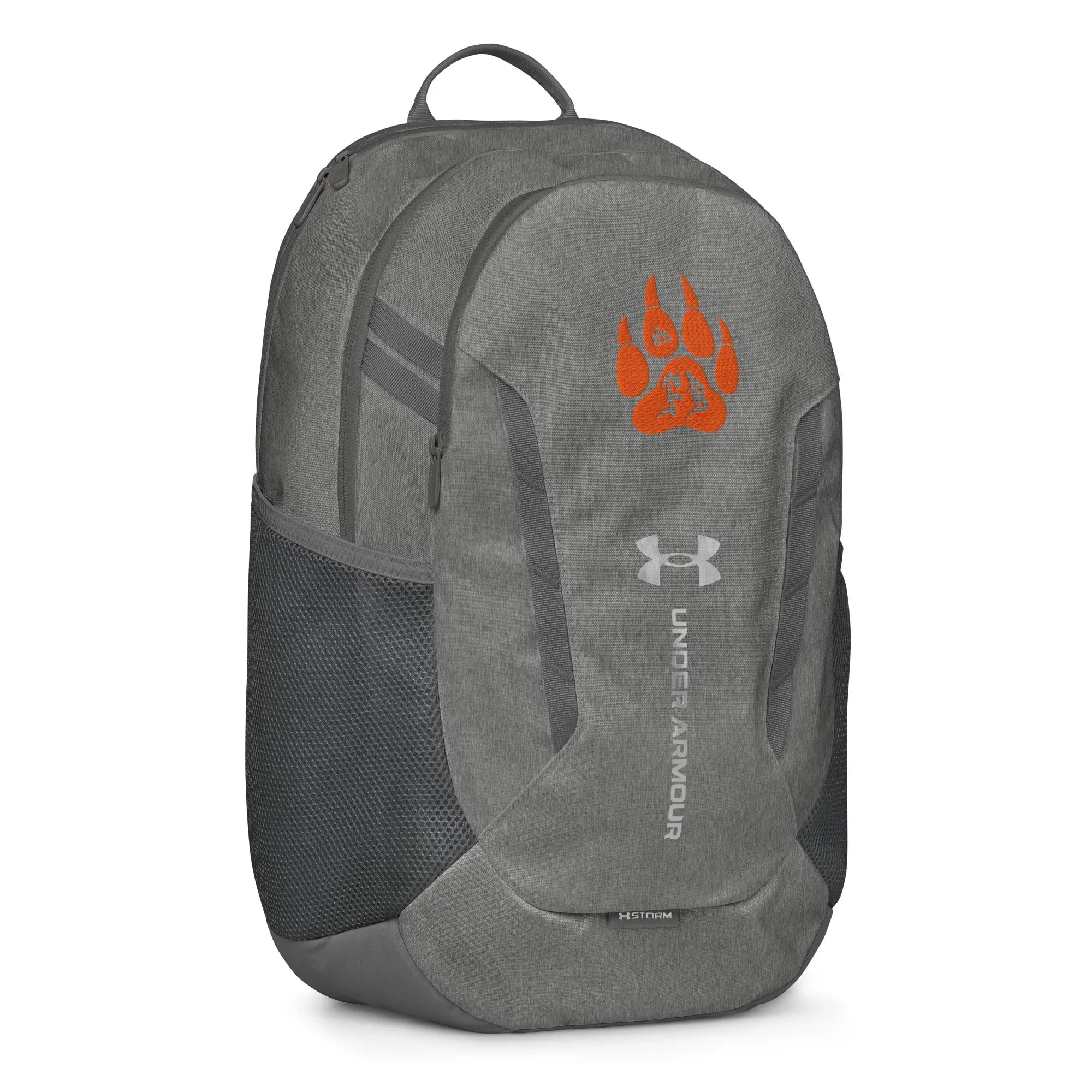 Under Armour grey backpack with orange paw print, durable material, and mesh side pockets.