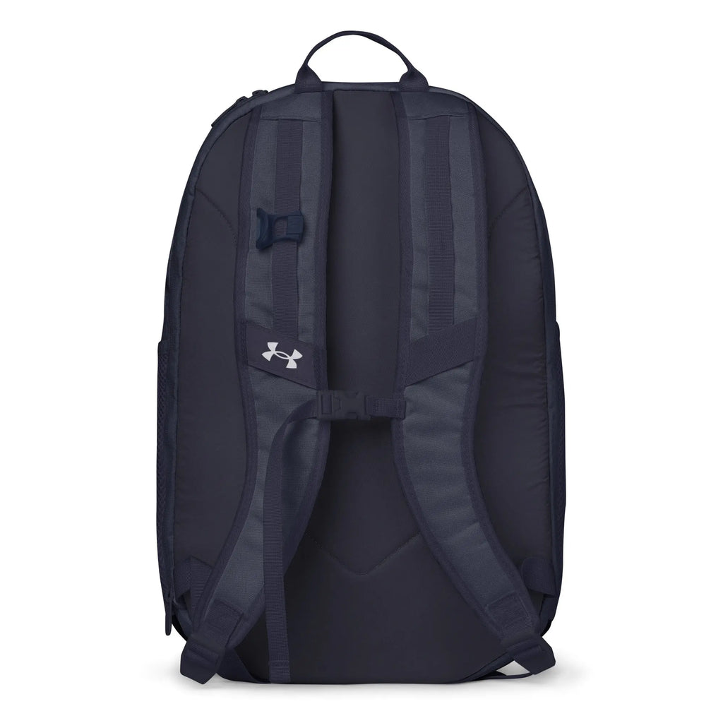 Navy blue Under Armour backpack with padded straps and adjustable chest buckle for comfort and support.