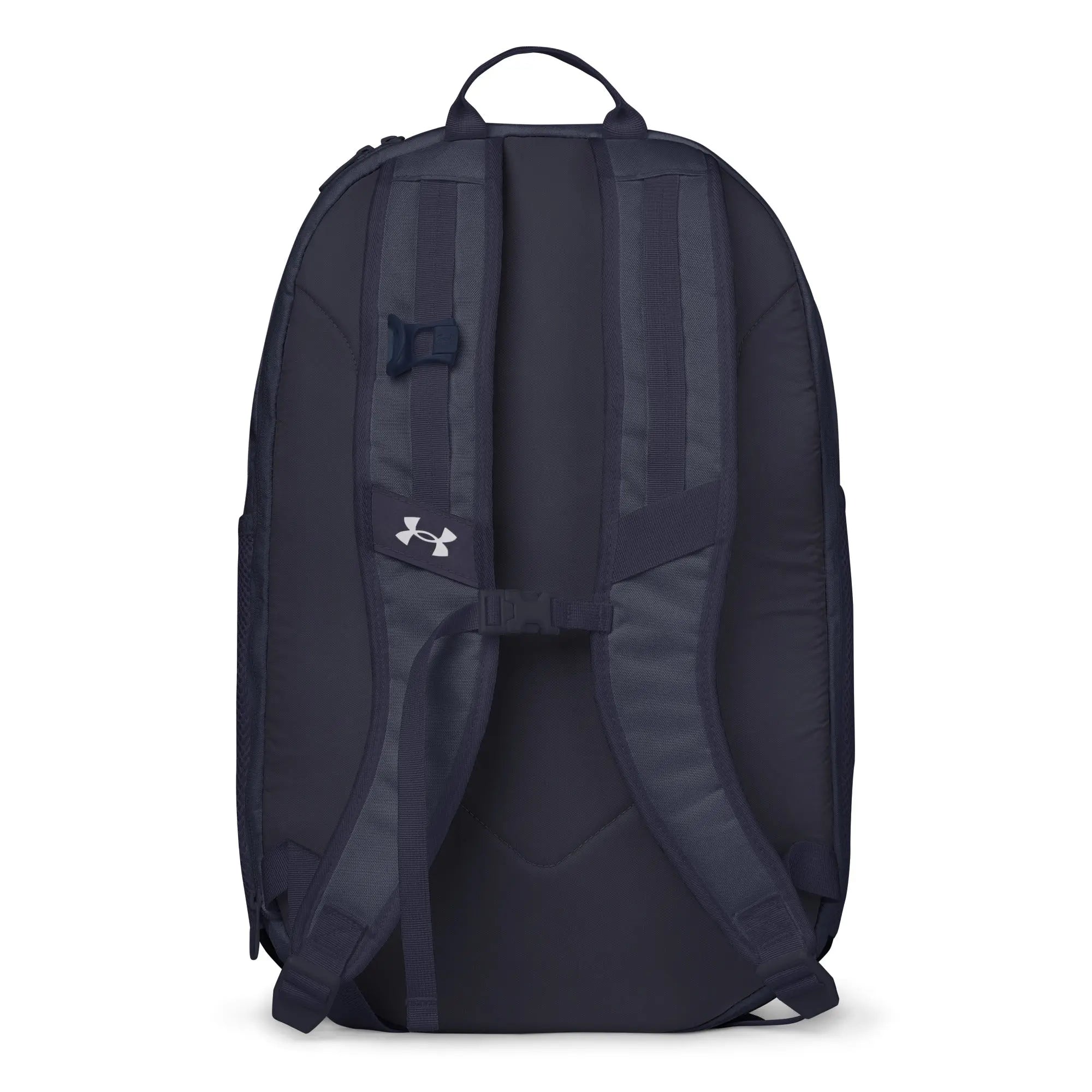 Navy blue Under Armour backpack with padded straps and adjustable chest buckle for comfort and support.