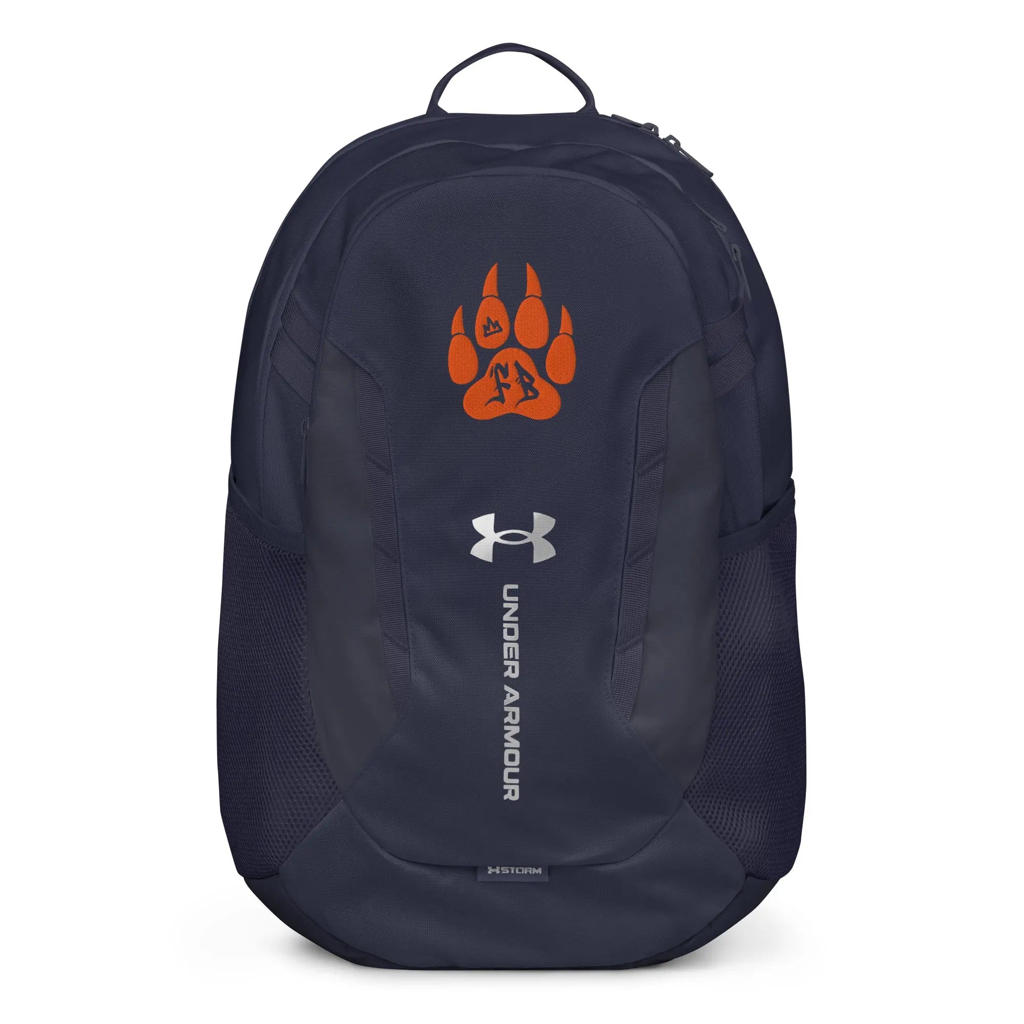 Under Armour navy backpack with orange paw design, durable material, and storm-resistant features.
