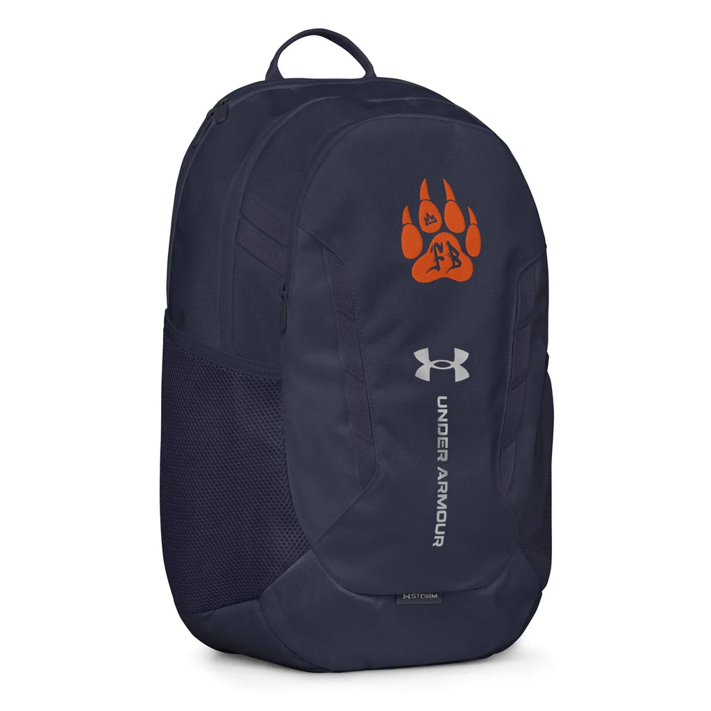 Under Armour navy backpack with orange bear paw print, durable, stylish, and water-resistant.