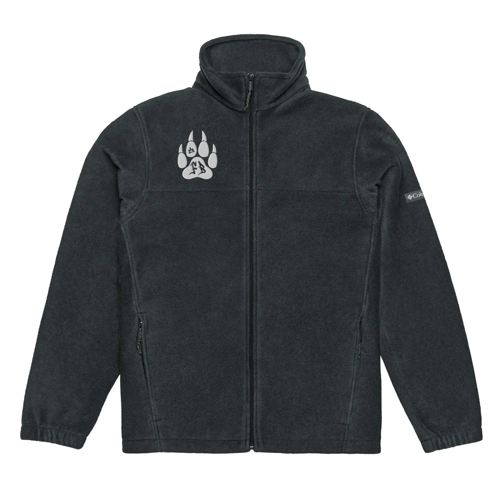 Men's dark gray fleece jacket with paw print logo and zippered pockets, ideal for outdoor activities.