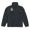 Men's dark gray fleece jacket with paw print logo and zippered pockets, ideal for outdoor activities.