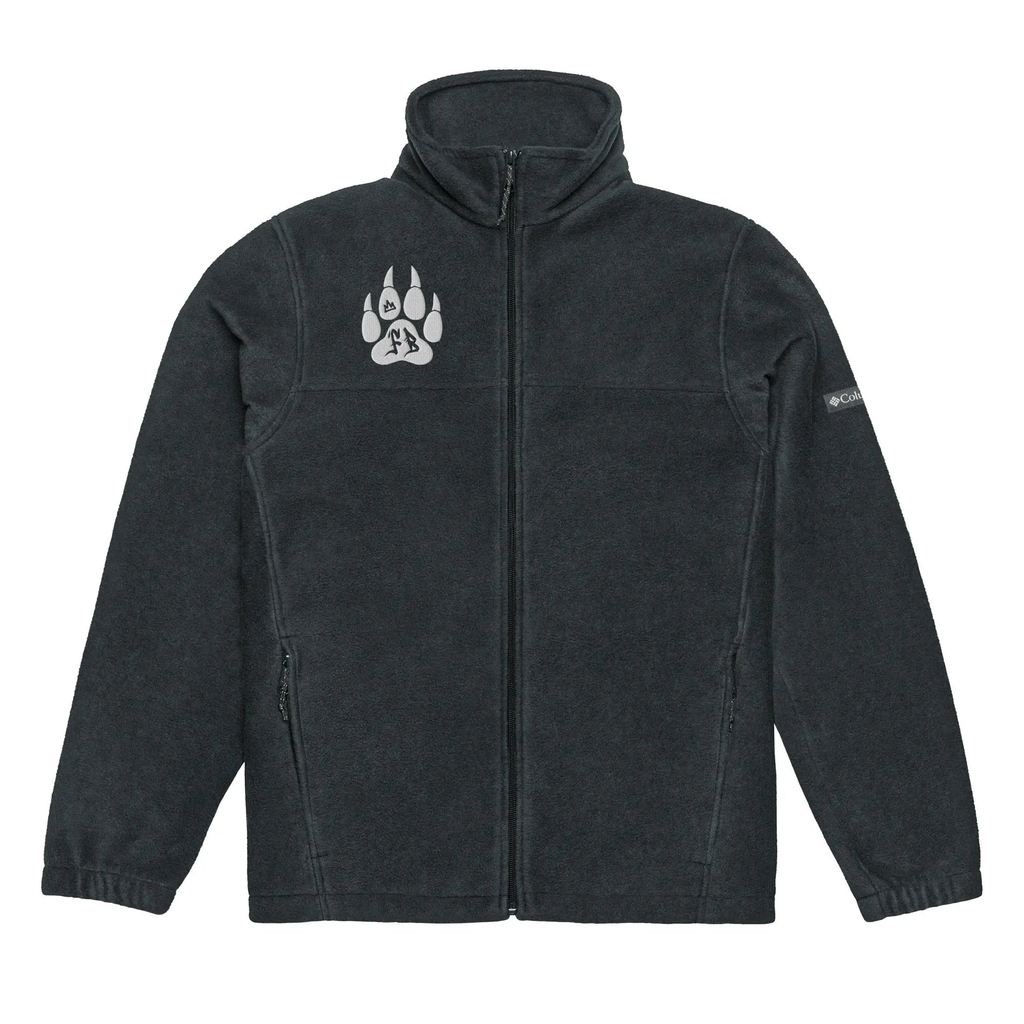 Men's dark gray fleece jacket with paw print logo and zippered pockets, ideal for outdoor activities.