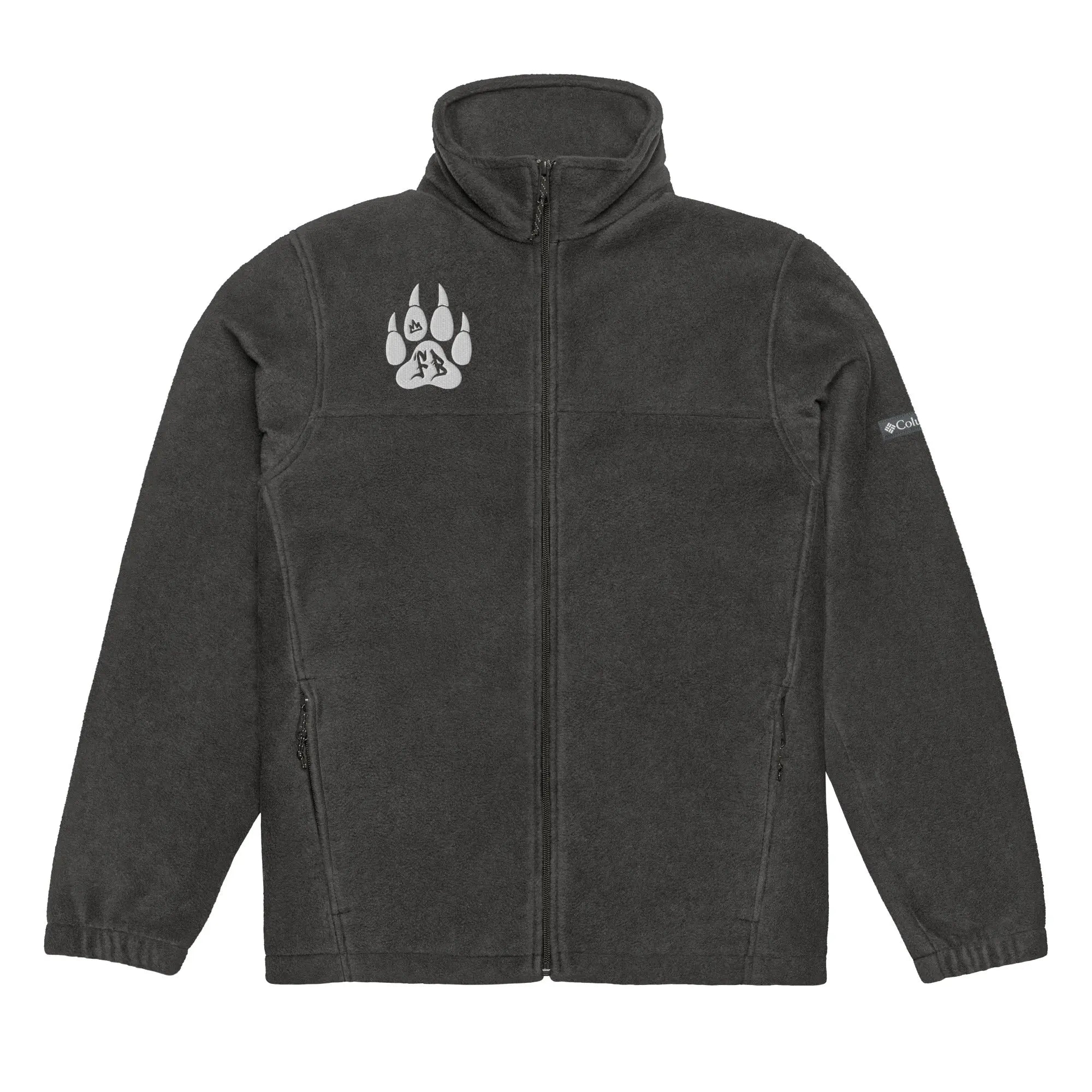 Men's gray fleece jacket with paw print logo and zippered pockets, perfect for outdoor activities.