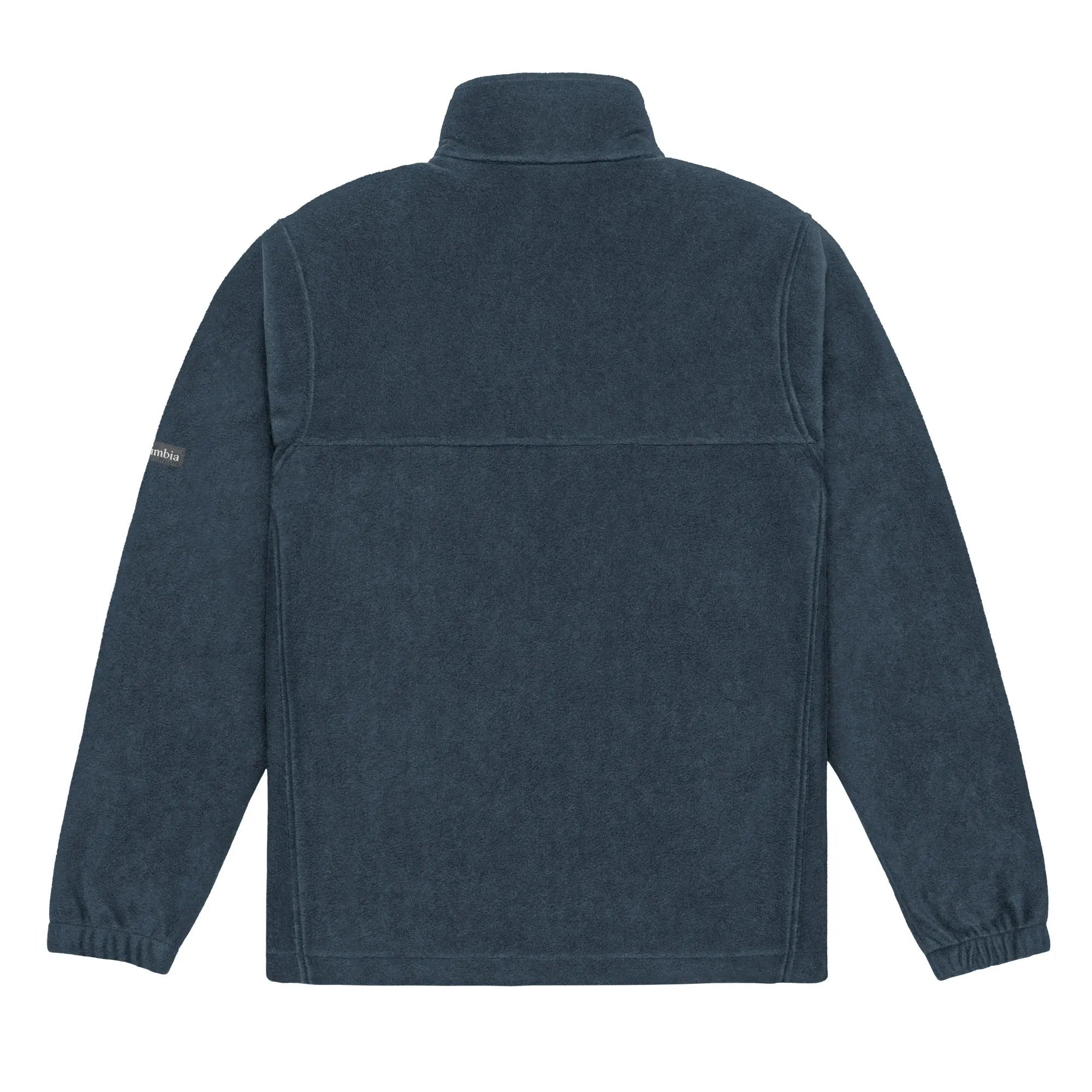 Men's navy fleece jacket with high collar, soft material, and elastic cuffs for warmth and comfort.