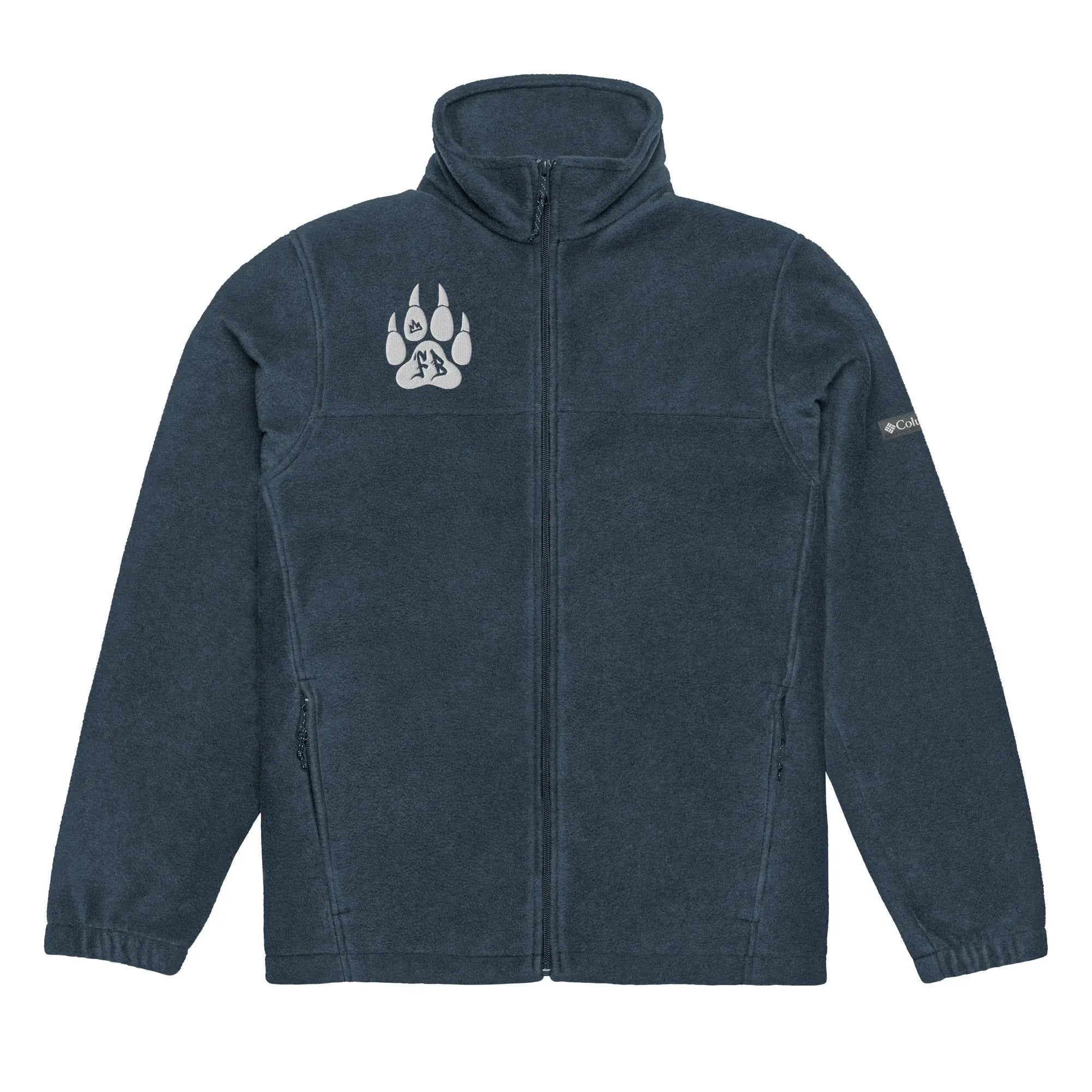 Men's navy fleece jacket with zip, featuring a paw print logo and zippered pockets for added convenience.