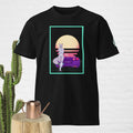 Black graphic tee featuring a stylized wolf character and a retro car design.