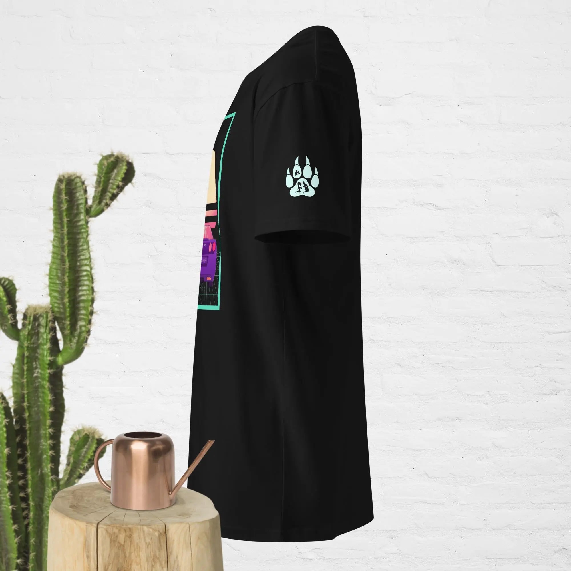 Men's black t-shirt featuring a colorful graphic design and unique paw print on sleeve.