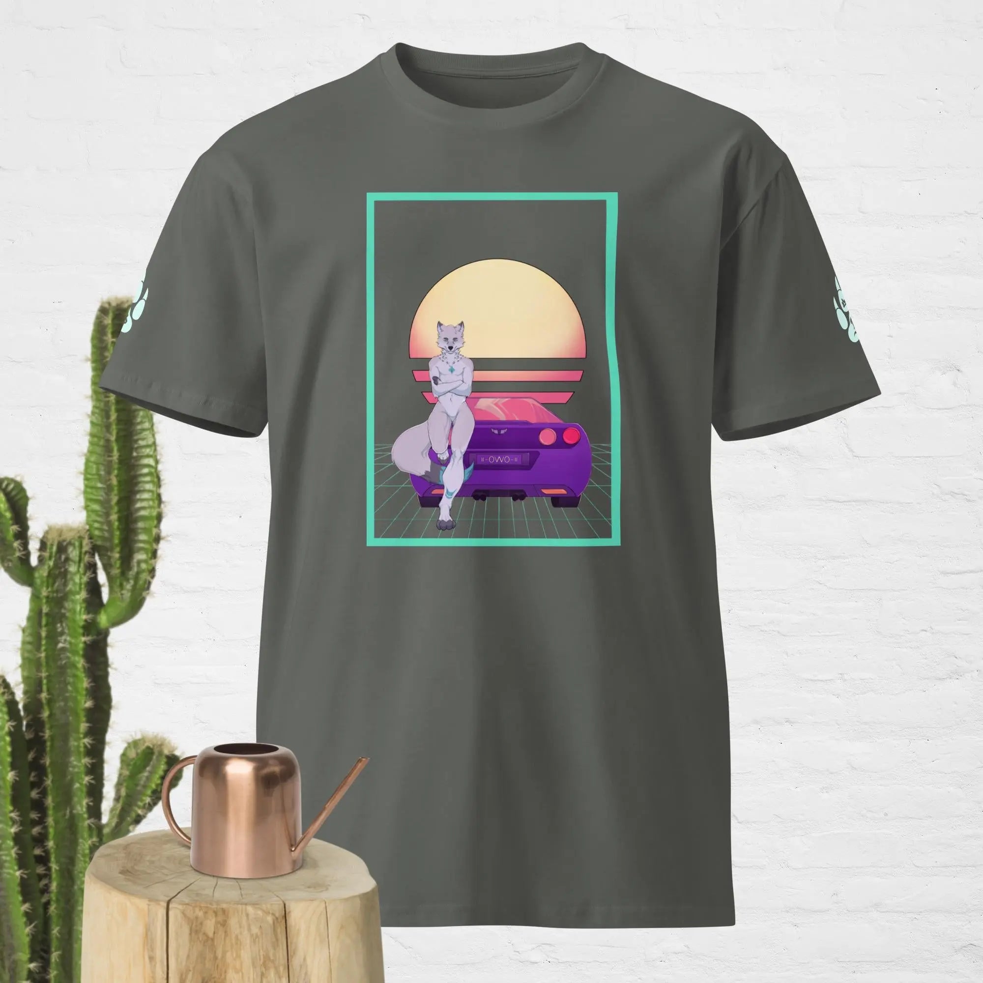 Gray graphic t-shirt featuring a retro design of a fox and a purple car with a sunset background.