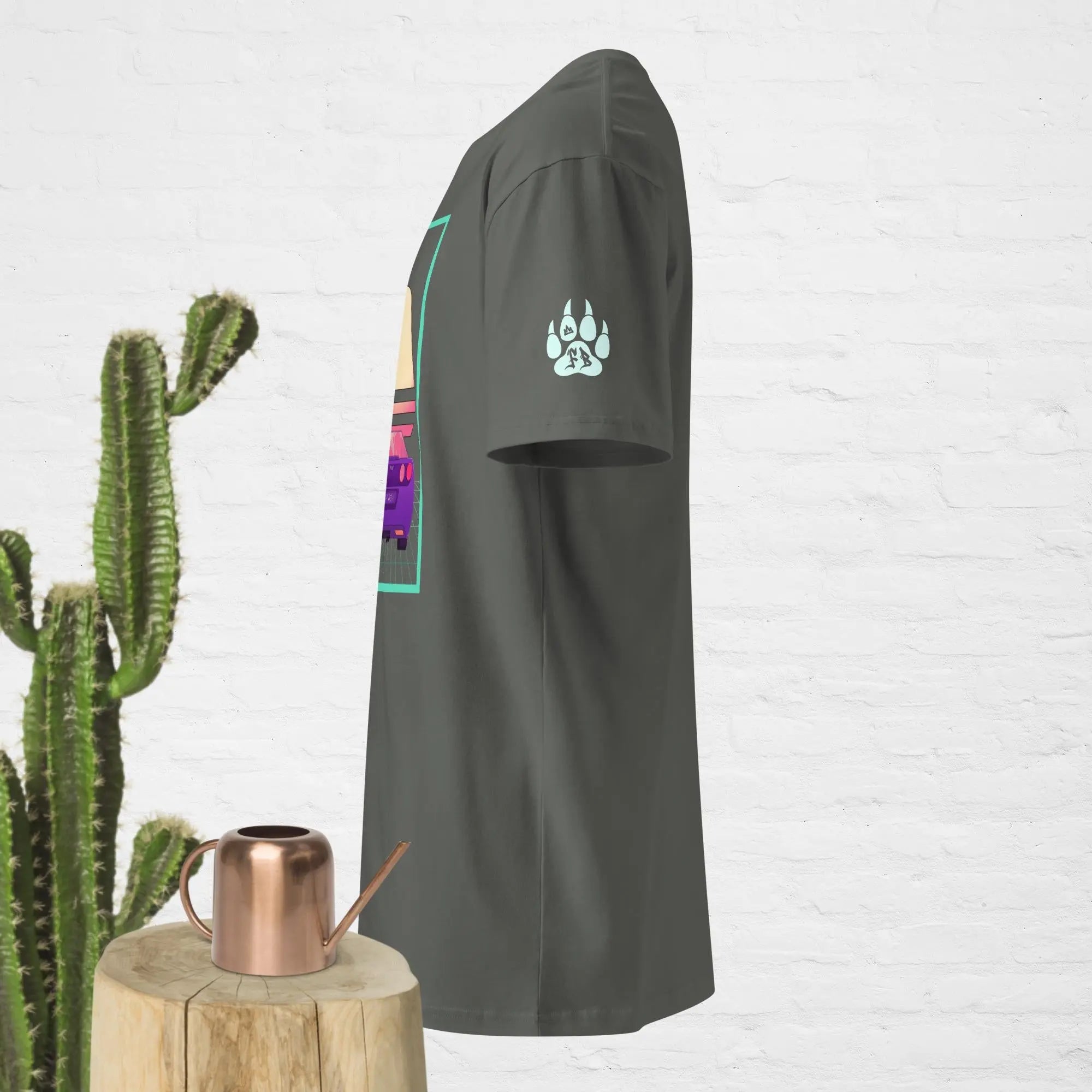 Men's graphic t-shirt in dark gray featuring colorful print and paw logo on sleeve, made of soft cotton.