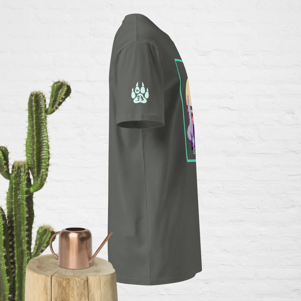 Men's gray graphic t-shirt with unique design and paw print detail on sleeve, made from soft cotton.