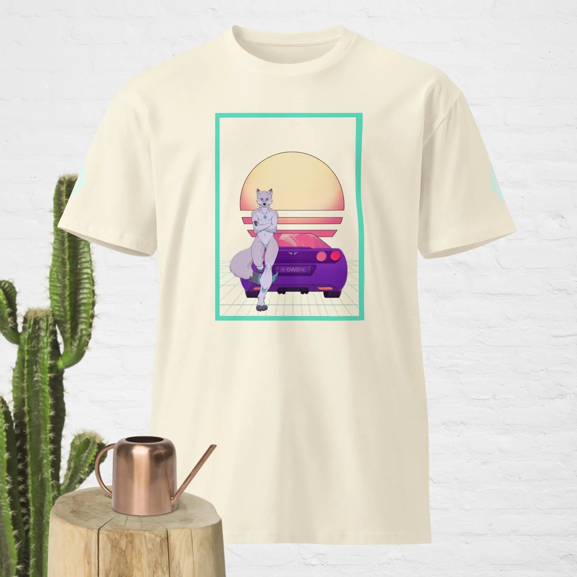 Cream graphic t-shirt featuring a stylized wolf and car design, perfect for casual wear.