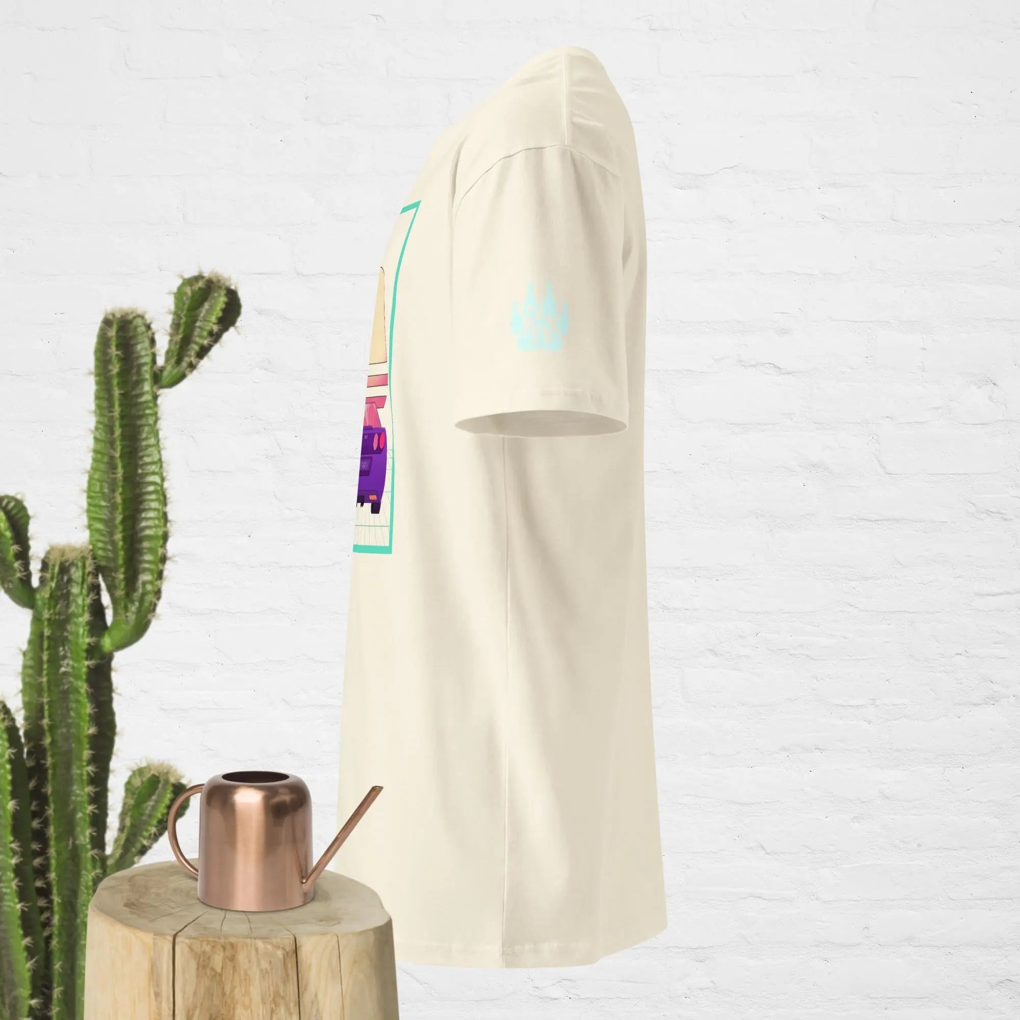 Cream-colored short sleeve t-shirt featuring a colorful graphic design, made of soft cotton material.