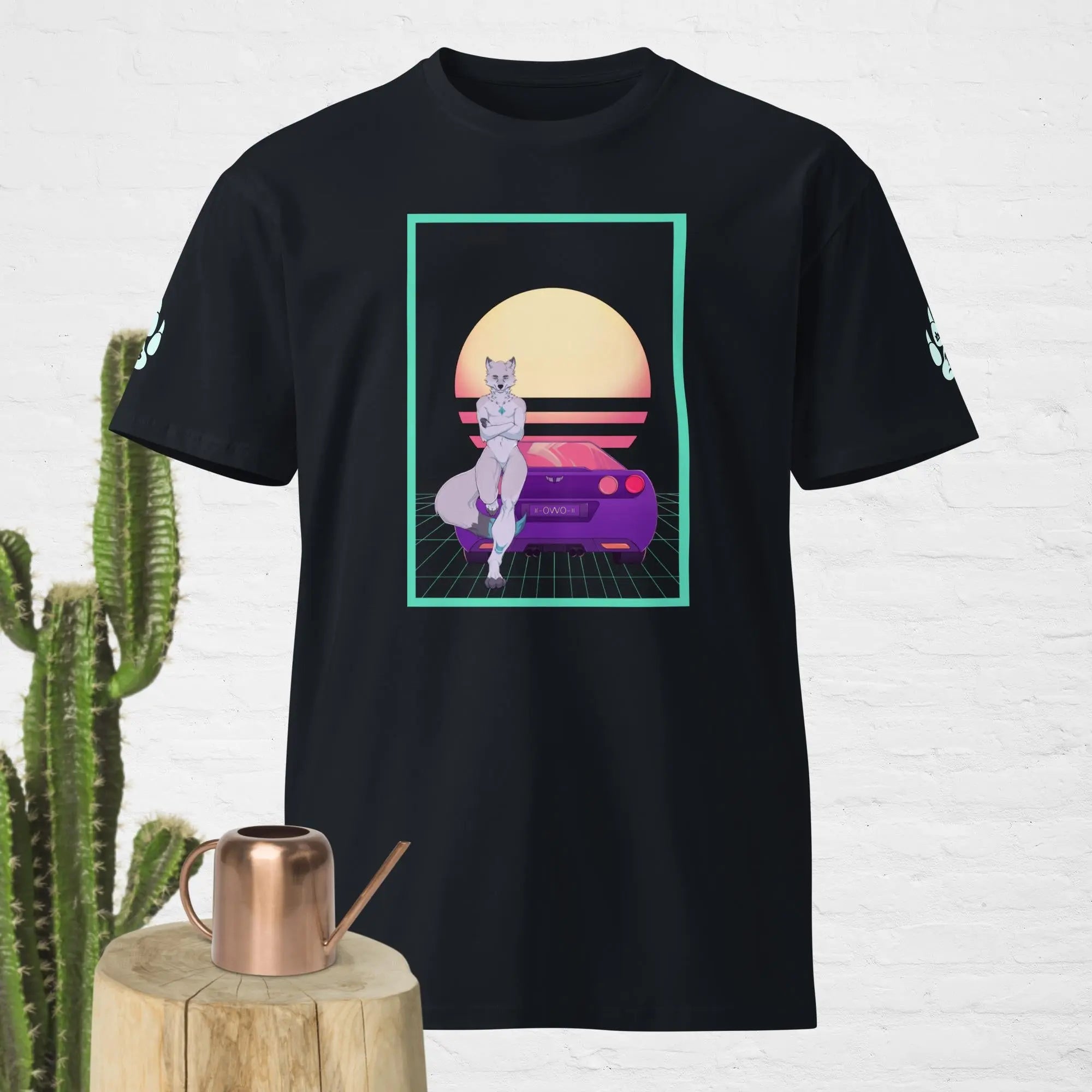 Black graphic t-shirt featuring an anthropomorphic wolf and a retro car design.
